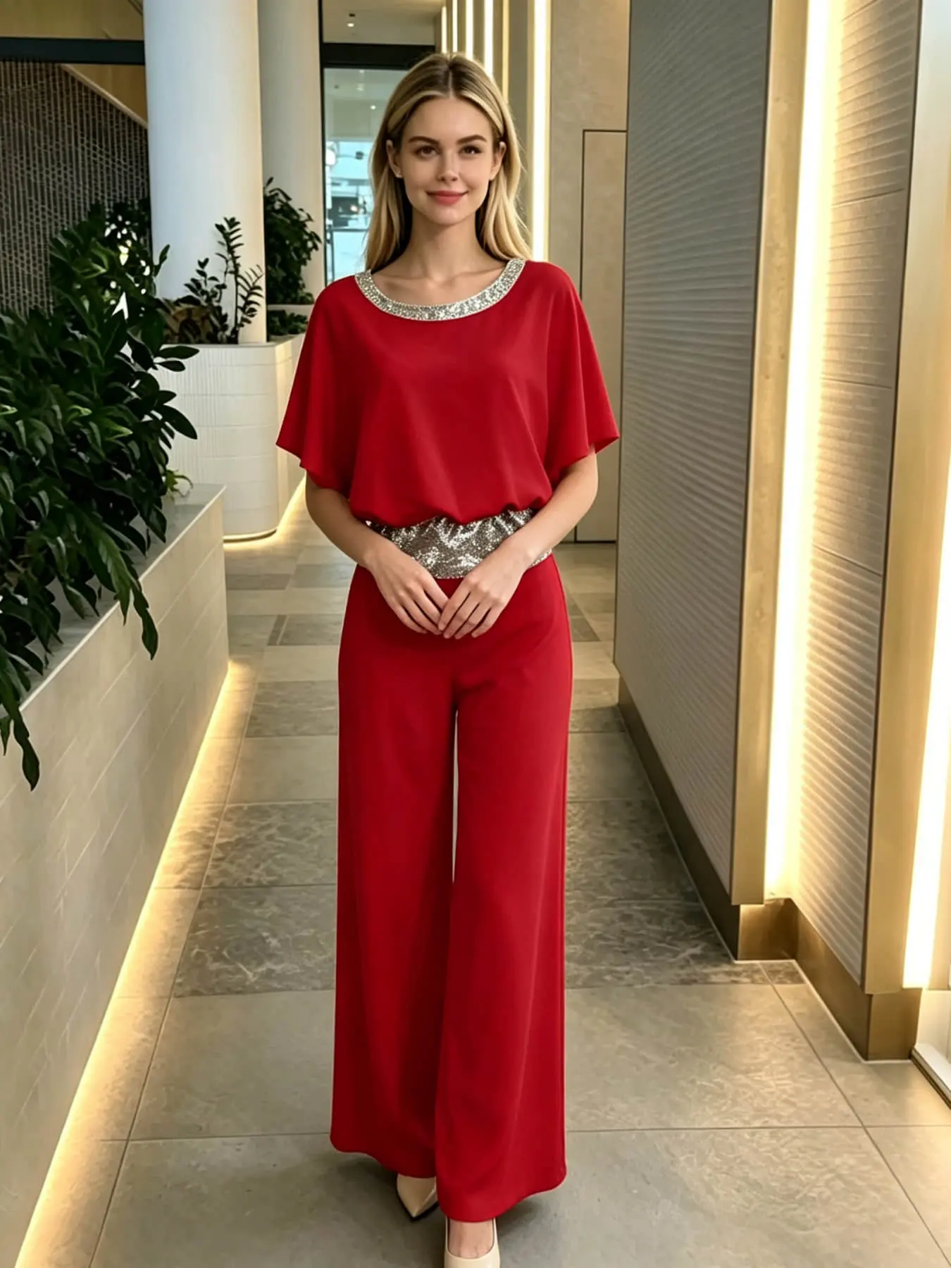 Two-Piece Women's Fashion Light Luxury Sequin Belted Set: Round Neck Silver Sequin Waistband Loose Hiding Body Long Wide Leg Pants Set, Suitable for Summer, Perfect for Evening Parties, Office Commutes, Vacation Trips, and Wedding Guests