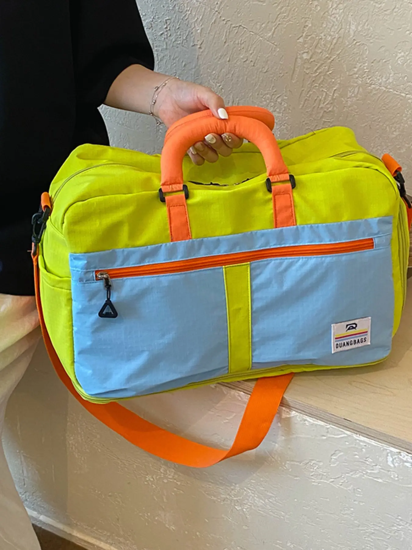 Women's Short Trip Travel Bag, Colorblock Lightweight Large Capacity Expandable Crossbody Backpack, Casual Independent Shoe Compartment Luggage Bag