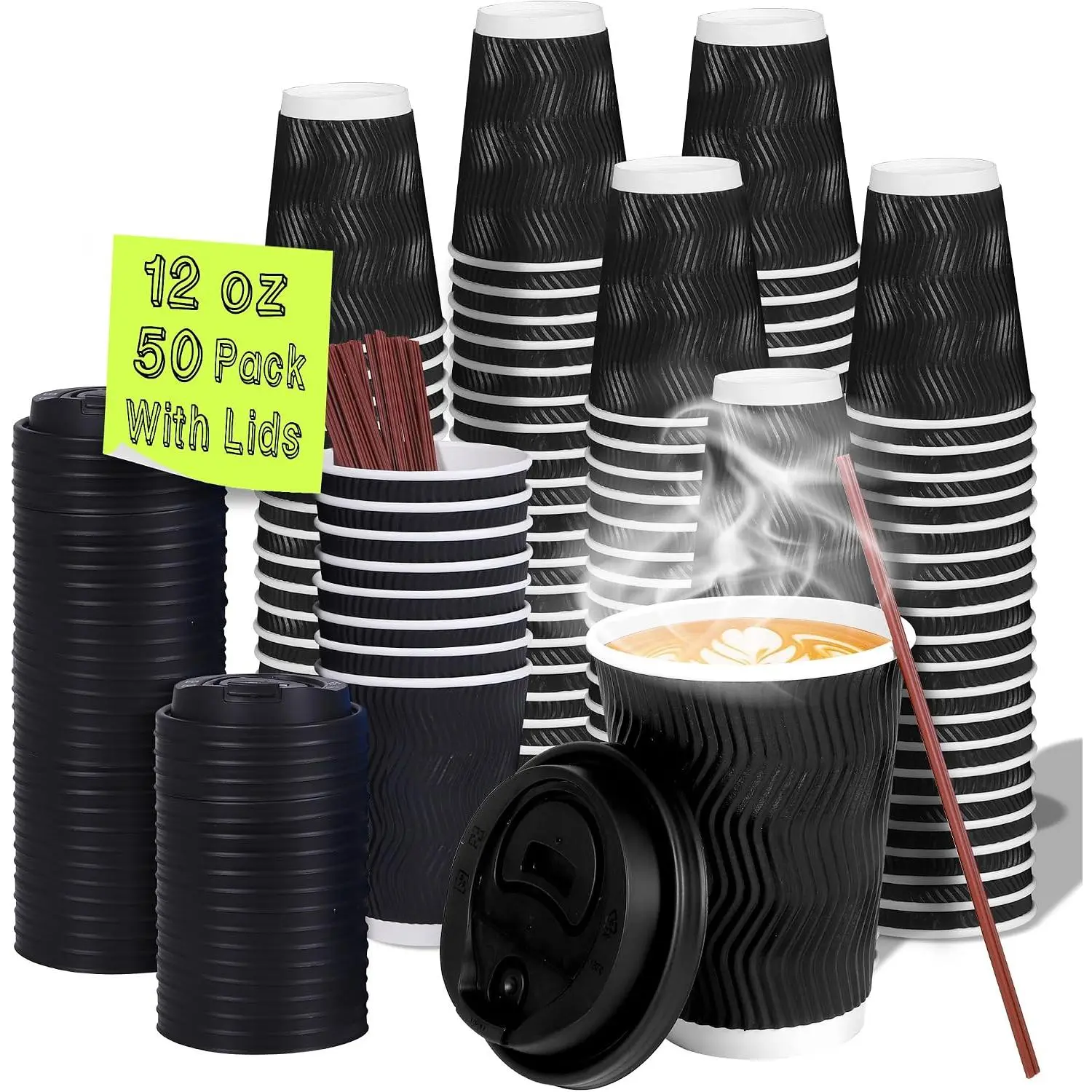 MOUMOULIFE 50-Pack 12 oz Disposable Coffee Cup Set with Lids, Leak-Proof Insulated Ripple Wall To-Go Paper Cups for Hot-Cold Drinks - Black
