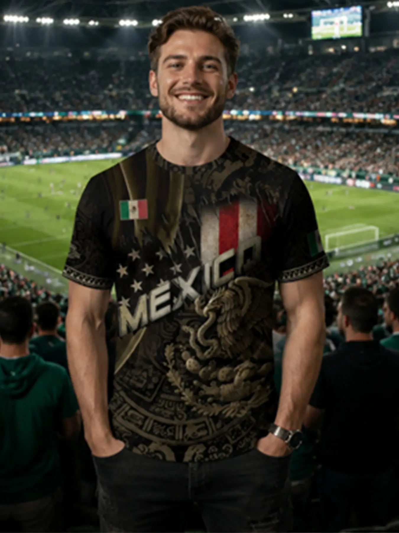 Mexican Flag Eagle Print Sporty T-Shirt, Men's Short Sleeve, Street Style, Quick-Dry Athletic Breathable High Stretch, All Seasons
