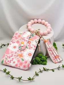1pcs European and American ID Bag, Silicone Bracelet, Floral Folded Edge Card Holder, PU Wallet, Keychain, Fashion Accessory