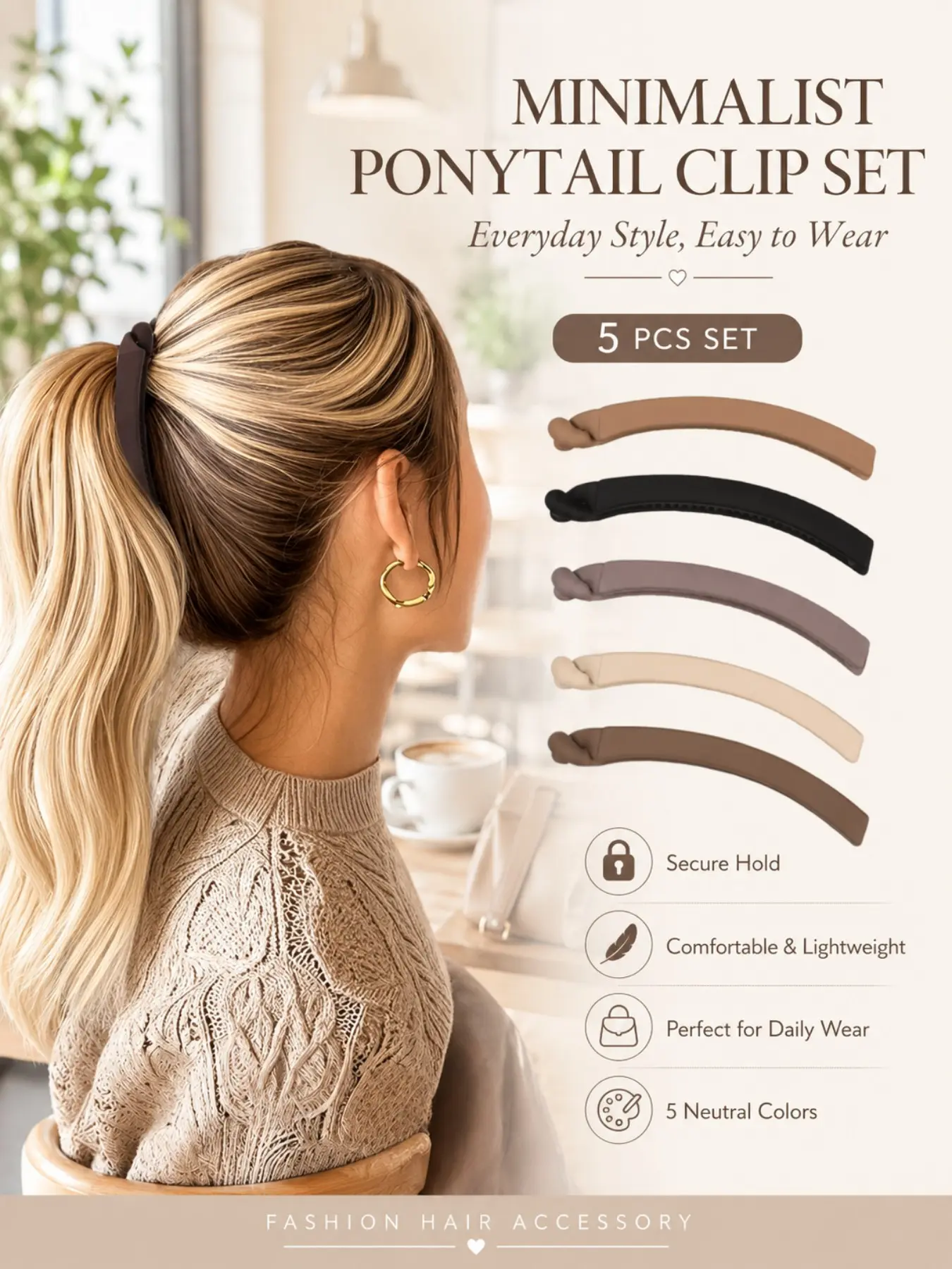 5-Piece Matte Banana Hair Clip Set for Women, Sweet Elegant Non-Slip French Barrette Clips for Ponytails, Buns and Half-Up Hairstyles, Daily Party Travel Hair Style Accessory, Hair Accessories