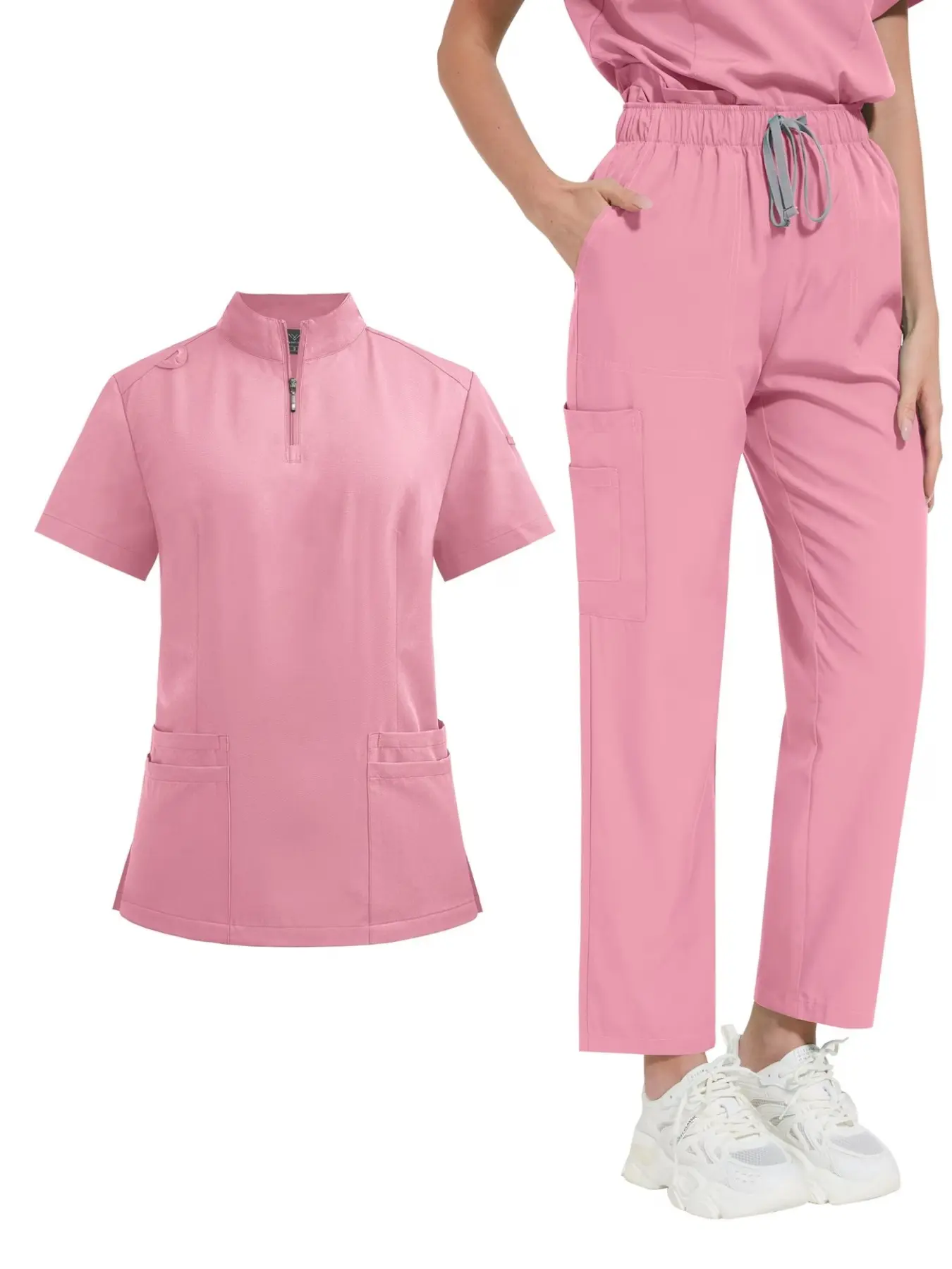 Women's Casual Scrub Set, Solid Color Short Sleeve Tunic & Pants with Pockets, Mandarin Collar, Regular Length, All-Season Comfort, Casual Workwear for Nurses, Dental & Professionals, Scrub Set for Women, Nurse Scrub Set