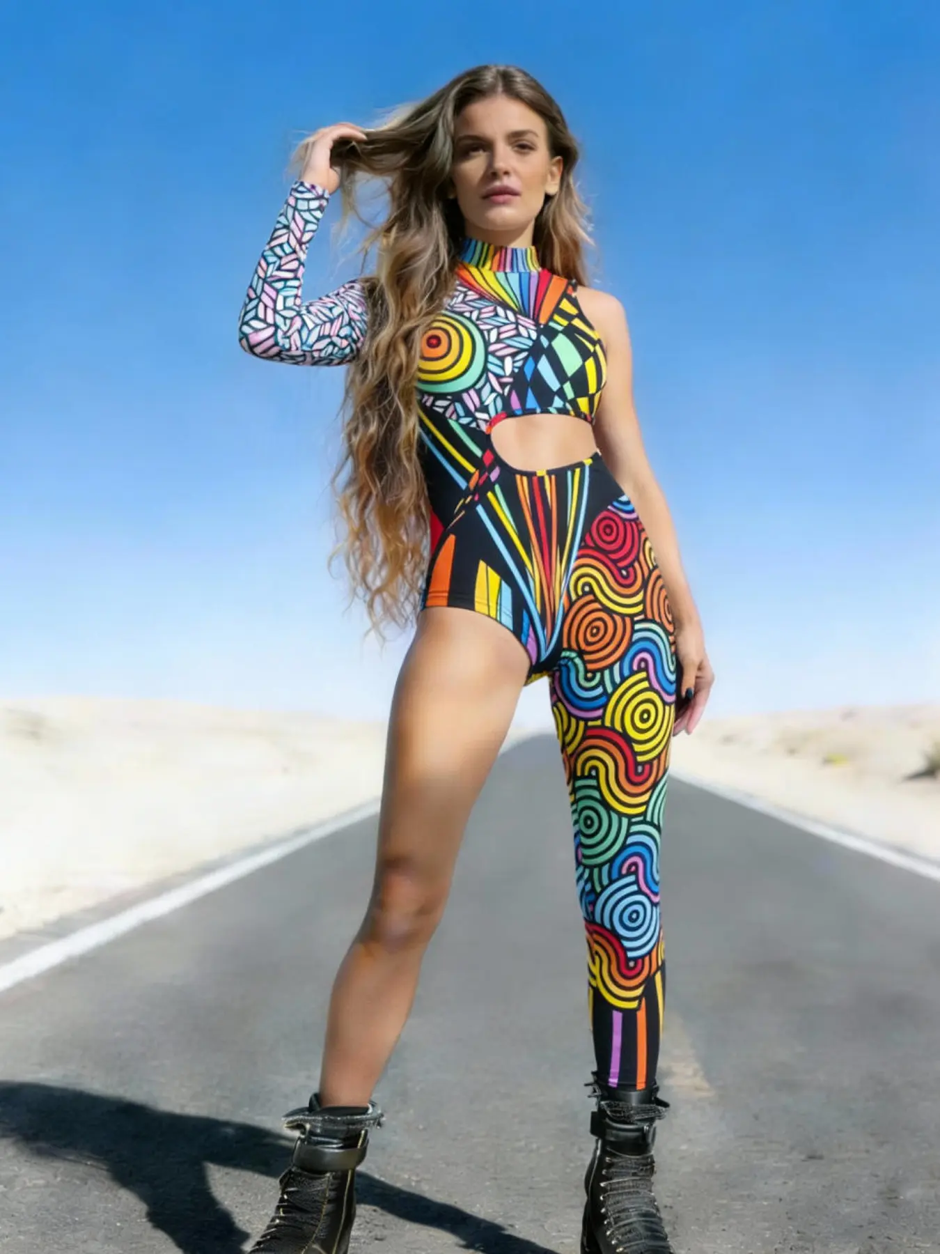 Colorblock Striped Asymmetrical One-Shoulder Bodycon Bodysuit, Halloween Music Festival Beach Party Stage Costume, Sexy Nightclub Style Outfit Clothes