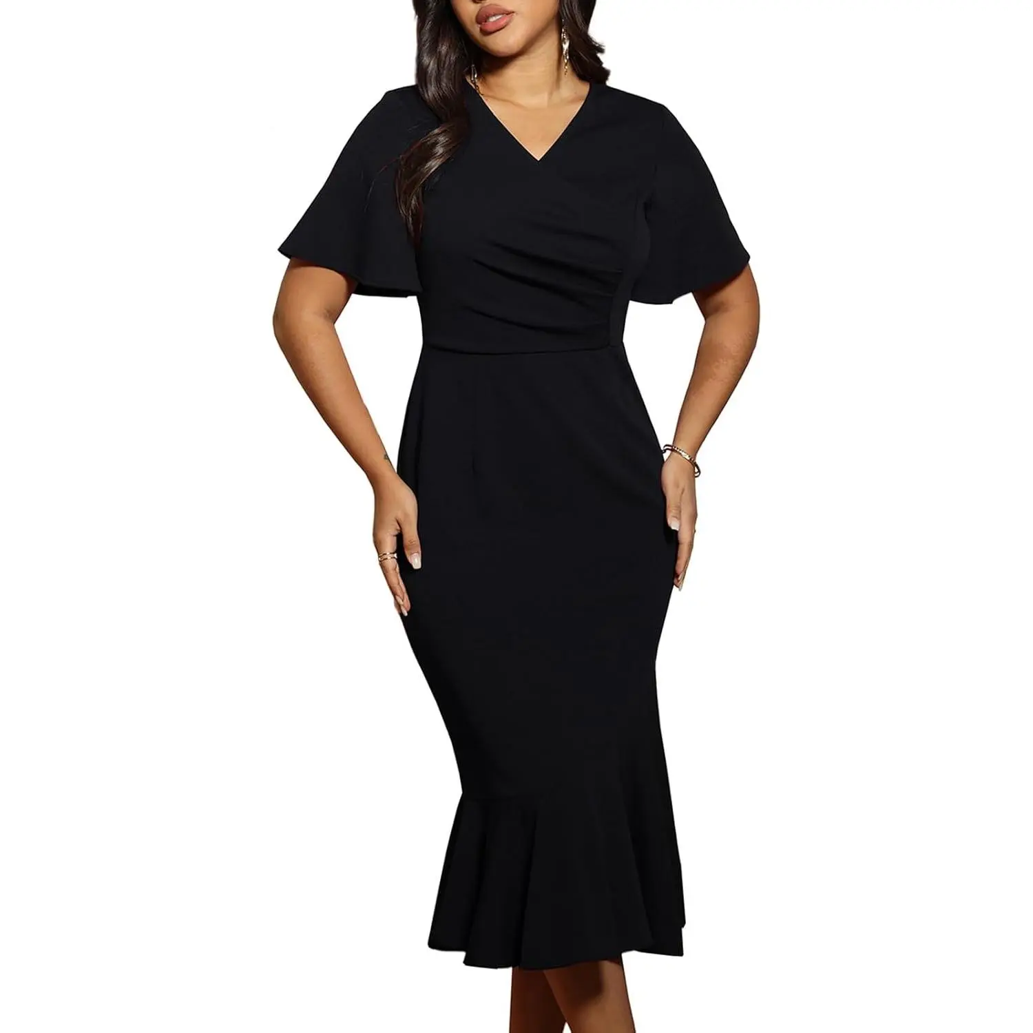 Women's Short Sleeve Bodycon Midi Dress, Elegant Shirred Mermaid Fit for Summer Wedding Guest and Cocktail Parties, Chic, Fitted, Clothes, Knee Length, Modest, Party, Basic