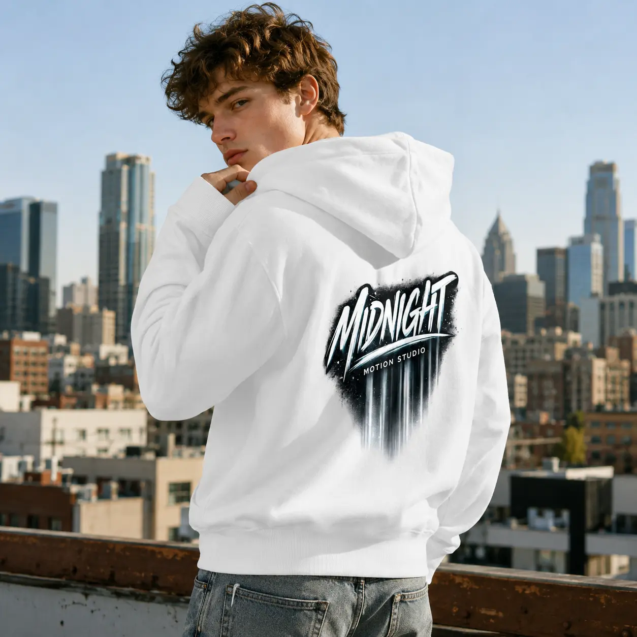 Men’s Midnight Motion Studio Graphic Hoodie - Menswear White Pullover Sweatshirt, Ribbed Hem, Breathable, Casual, with Urban Streetwear Back Print, Tops, Kangaroo