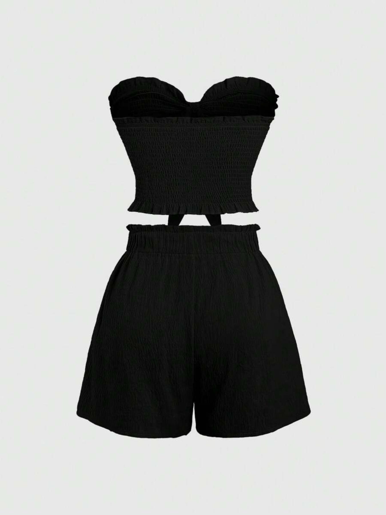 Two-Piece Set Women's Basic Solid Color Crop Tube Top & Elastic Waist Shorts Set, Casual Fashion Cozy Outfits for Daily Outdoor Wear, Ladies Clothes for Summer