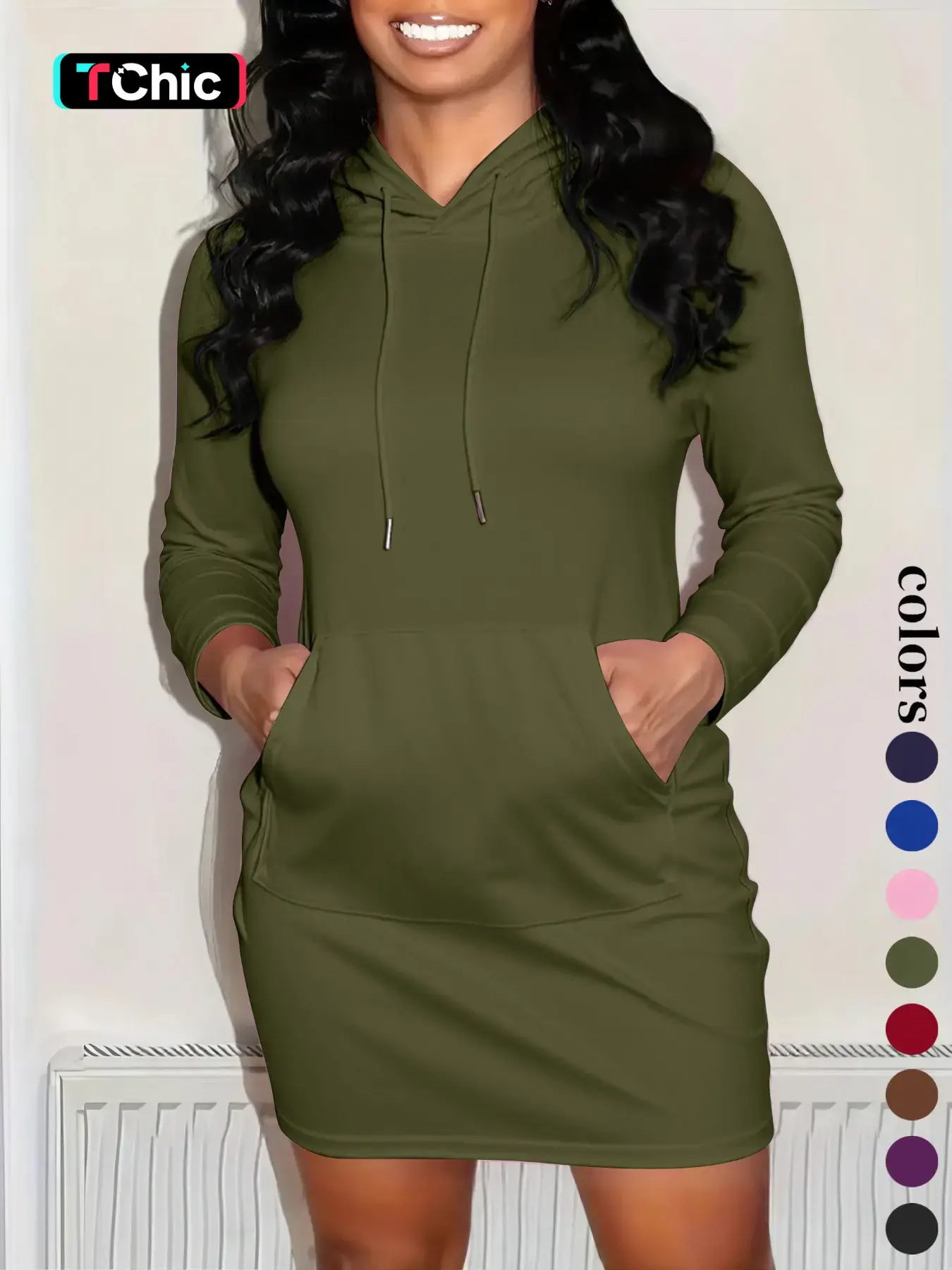 2026 European and American Style Fall Winter New Basic Casual Wear Fashion Plain Hooded Sweatshirt Dress, Long Sleeve Slim-Fitting Short Dress