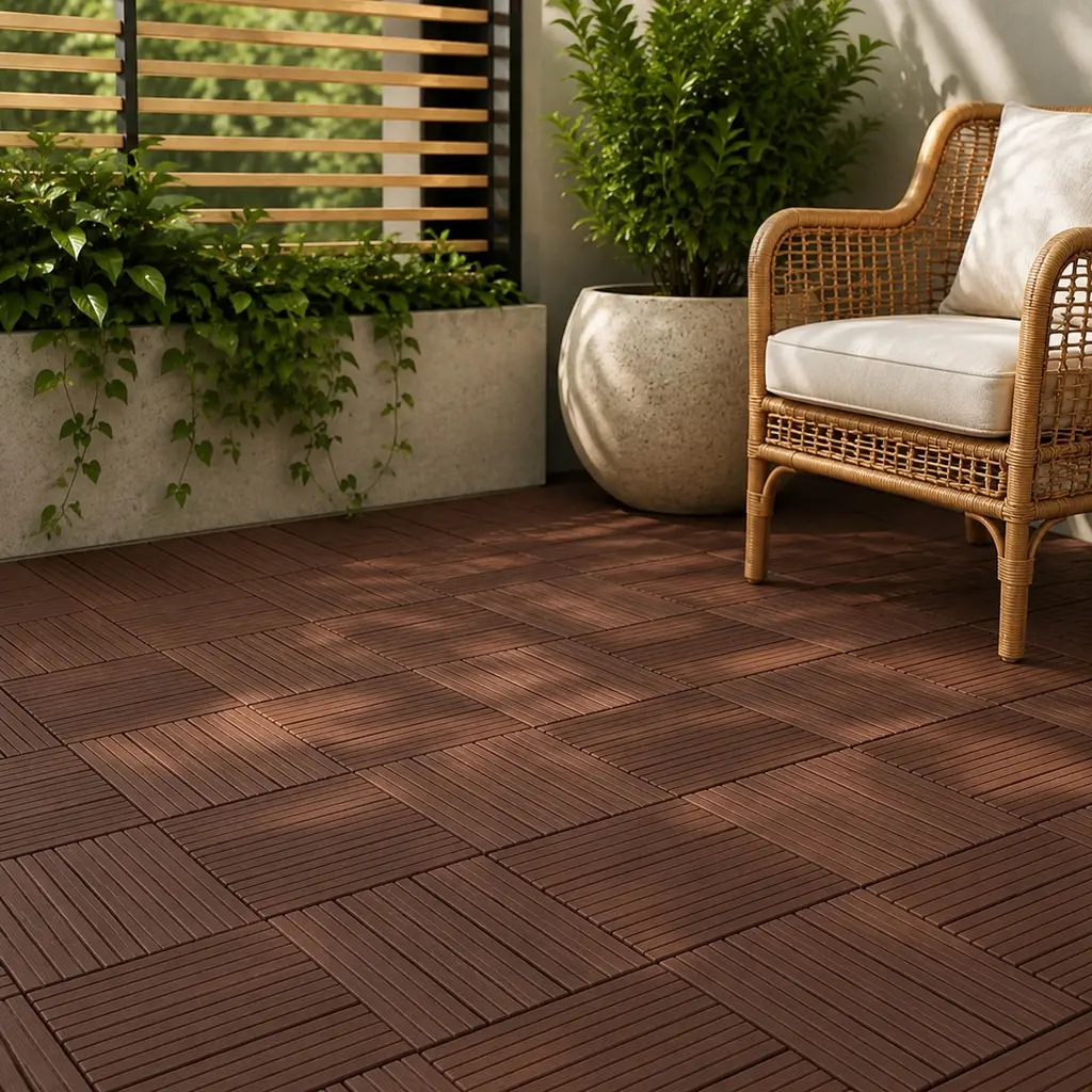 12x12 Inch Interlocking Deck Tiles, 44-Pack Brown Polypropylene DIY Patio Flooring, Waterproof All-Weather Snap-Together Plastic Pavers for Backyard, Poolside, Indoor/Outdoor Use