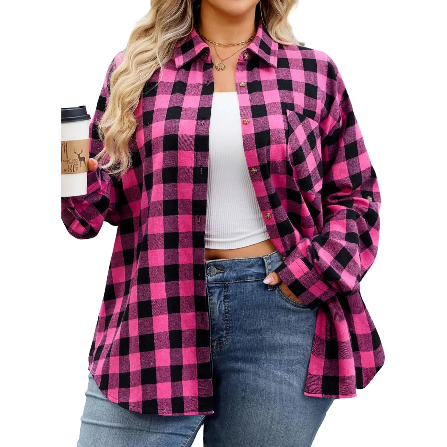 Women Plus Size Flannel Shirts Plaid Button Down Fall Long Sleeve |   Oversize,Roll Up,Loose Fit Top,V Neck,Soft,Checkered Blouse,Business Casual Outfits for Lady,Vacation,Western Gingham,Cowgirl
