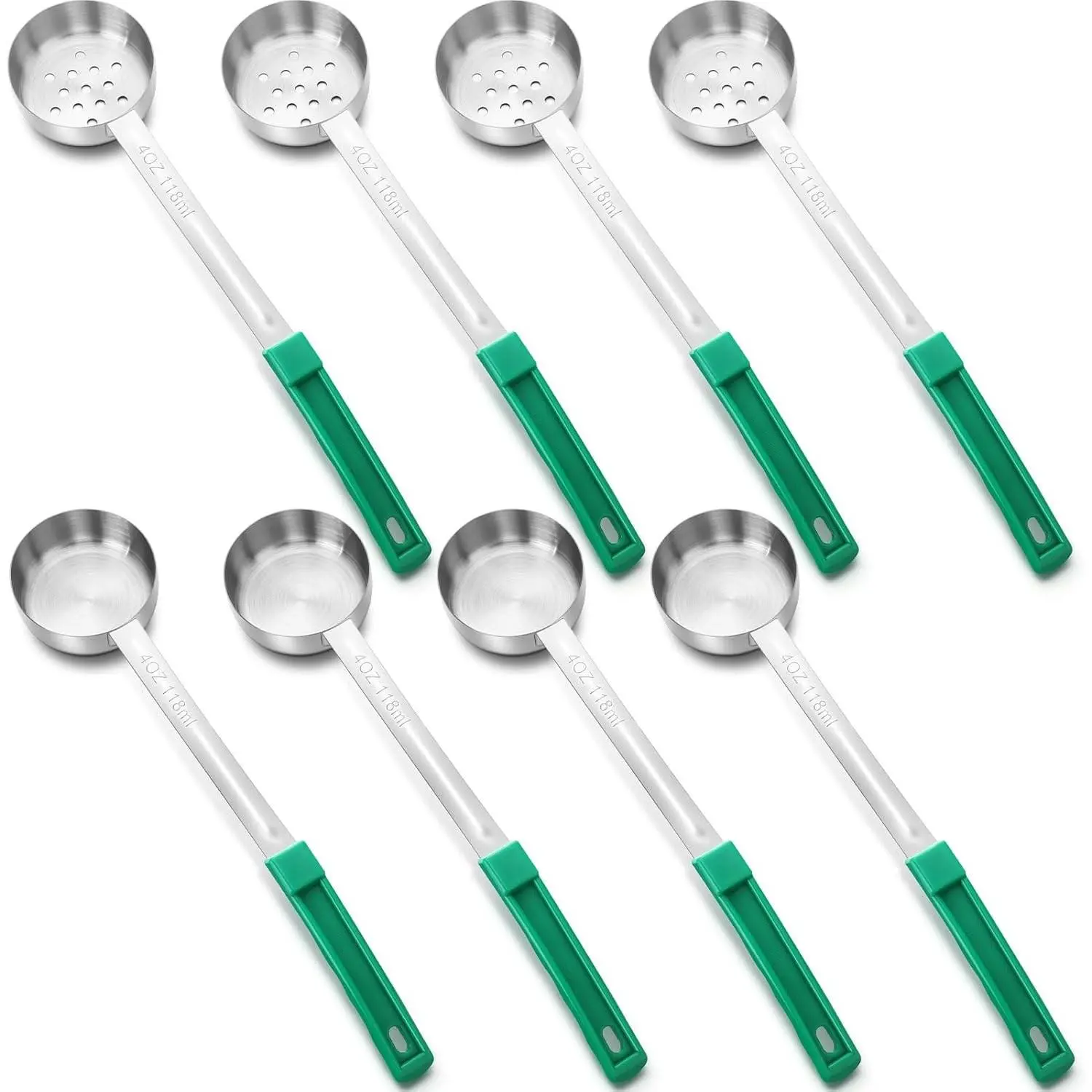8 Pcs Portion Control Serving Spoons Portion Scoops Cups Solid and Slotted Stainless Steel Ladle Spoon for Food, Serving Utensils Set for Parties(Green,4 oz)