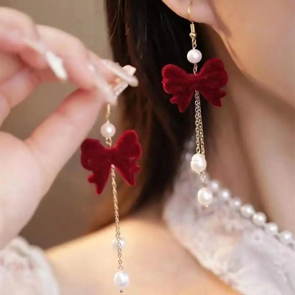 Exquisite Shiny Rhinestone Dangle Earrings Pearl Tassel Bow Stud Earrings Bow Red Rose Korean Style Earrings Party
