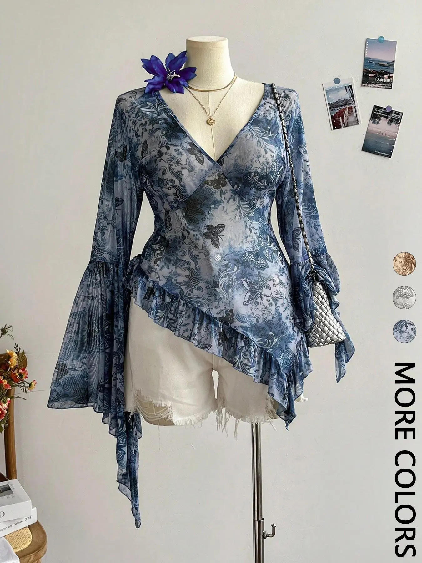 Women's Lightweight Breathable Loose Butterfly Print Top Blouse, V Neck Long Sleeve Flare Sleeve Asymmetric Hem , Casual Chic Fashion Shirt