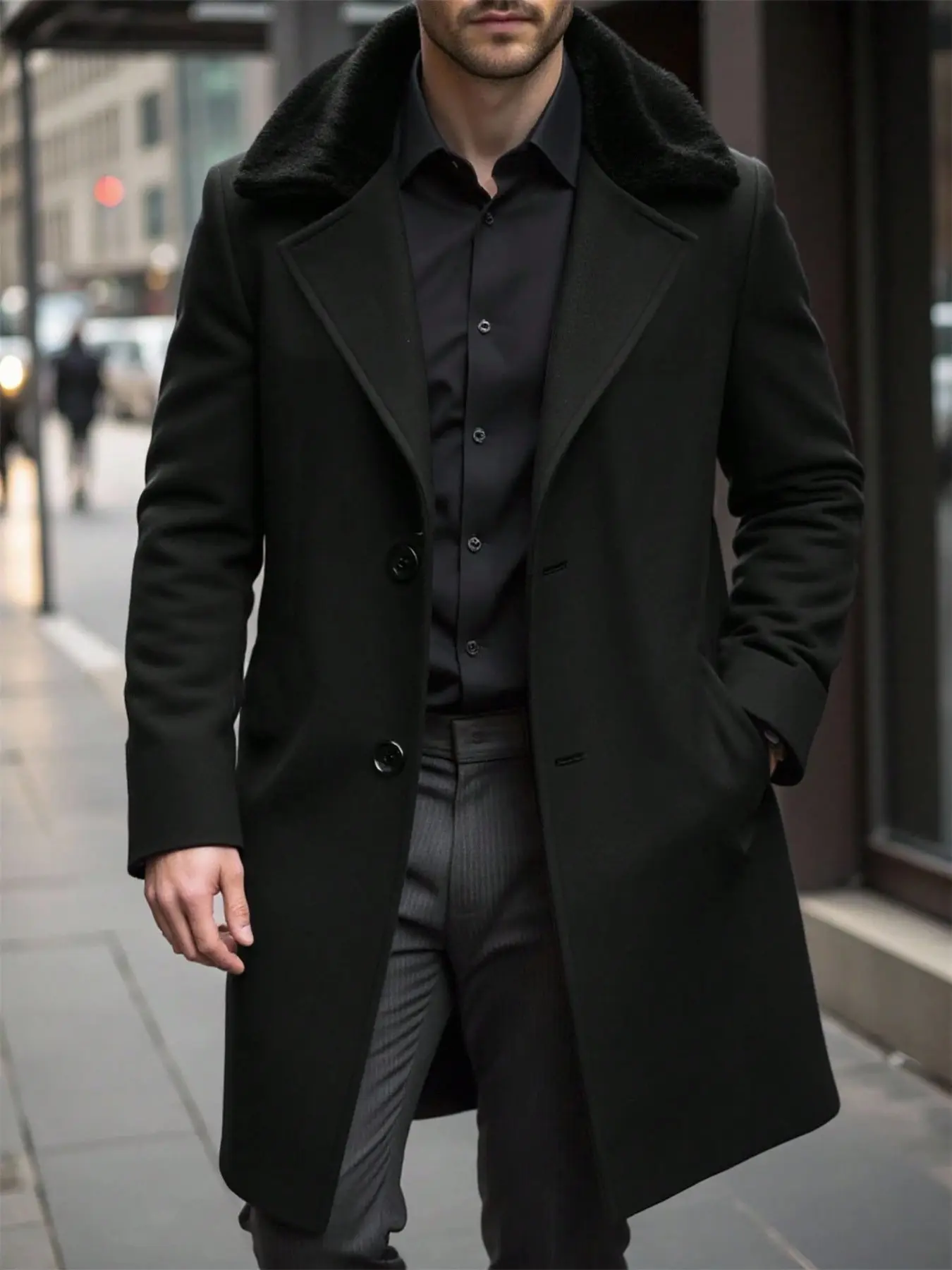 Men's Faux Fur Lapel Single Button Coat, Windproof Warm Mid-Length Slim Fit Jacket, Outerwear Fall Winter Casual for Commute Dating Daily Wear
