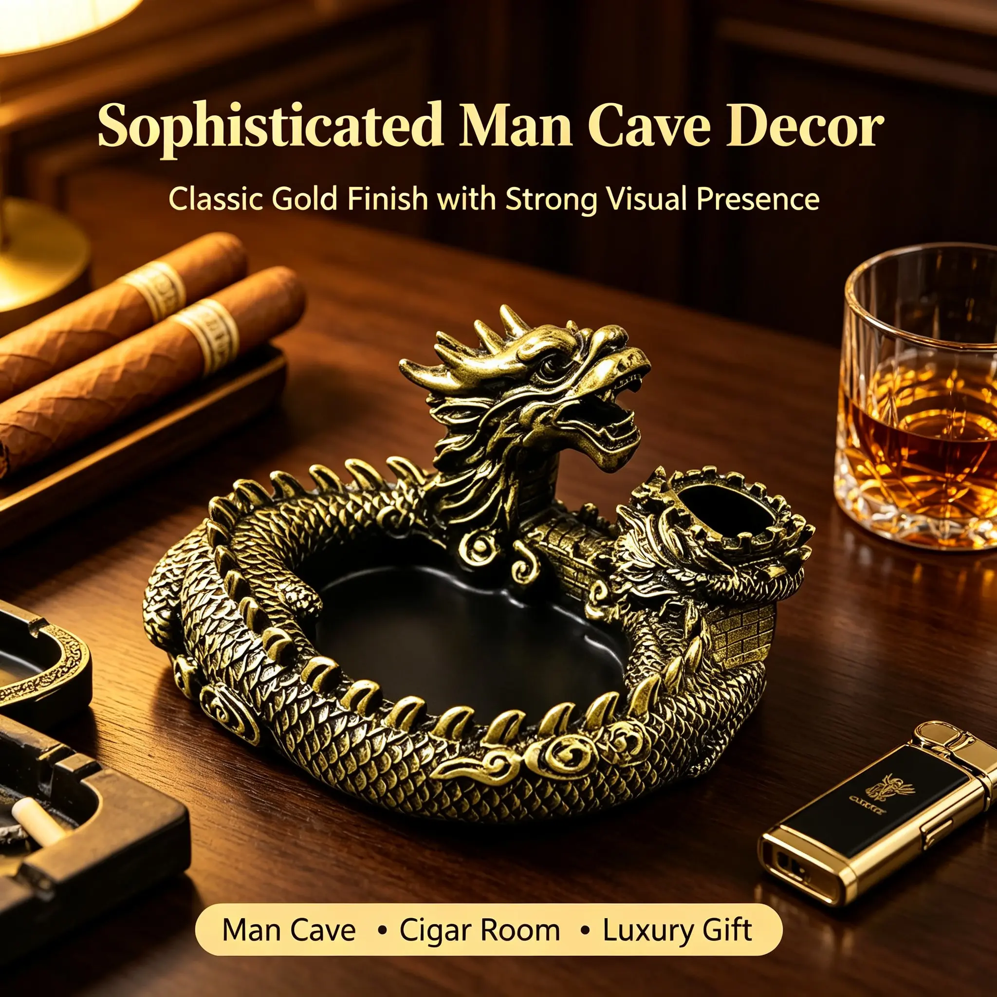 Luxury Dragon Great Wall Resin Ashtray, Vintage Wealth Attracting Decorative Ash Tray, High-End Desktop Ornament for Home Office, Man Cave Accessories