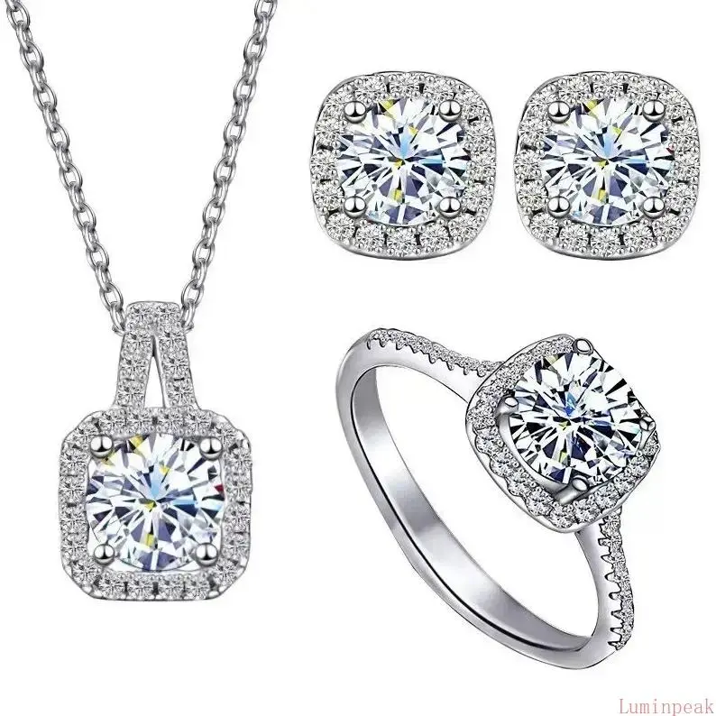 Women's Classic Square Cut Moissanite Matching Jewelry Combo Set - 1 & 2 Carat Clavicle Necklace, Ring, Stud Earrings, Skin-Friendly Metal Indoor Recreation Daily Use Jewelry, Perfect Gift for Anniversary, Birthday, Valentine’s Day, Matching Jewelry Set,
