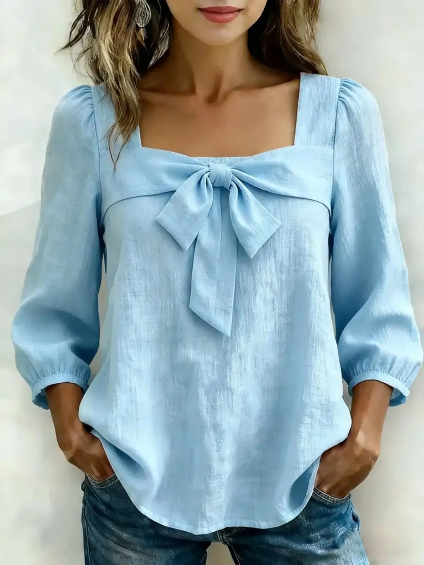 French Square Neck Bow Bubble Sleeve Shirt Blouse for Women, Unique Design Aesthetic Soft Style Three-Quarter Sleeve Top, Elegant and Chic Fashion