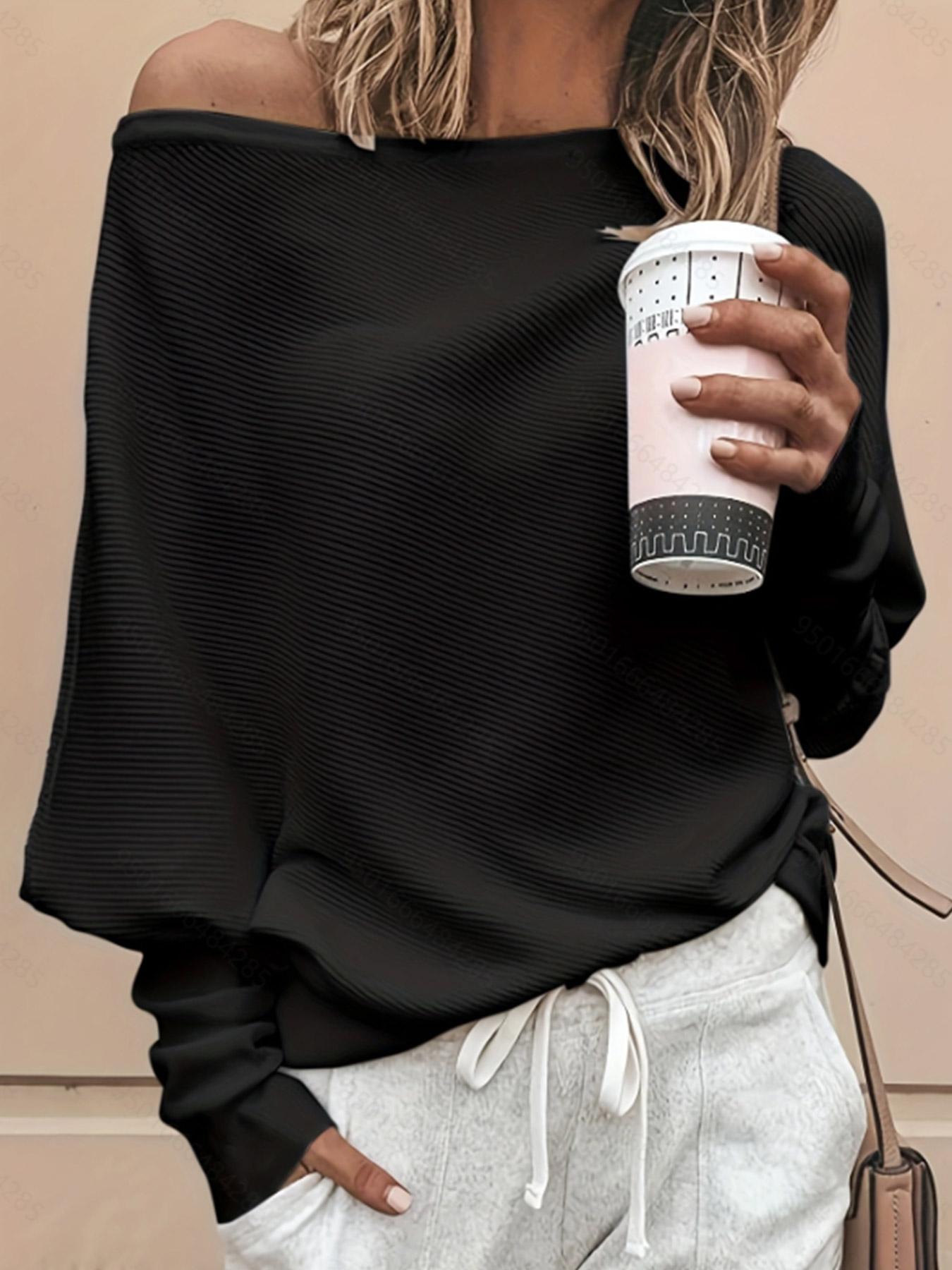 Women's Plain Asymmetrical Hem Boat Neck Batwing Sleeve Sweater, Casual Long Sleeve Jumper for Spring & Fall, Women's Knitwear for Daily Wear