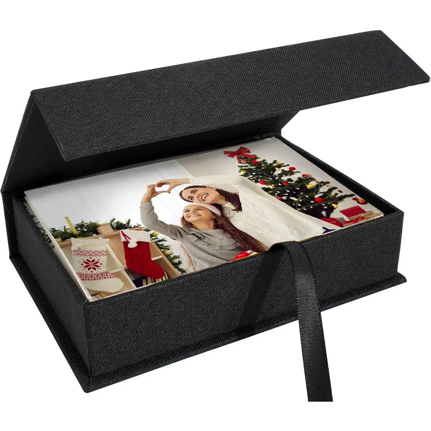 Photo Storage Box 4x6, Linen Photo Box, Memory Box to Store Photos, , Scrapbooking Supplies, Keepsakes and , Connected Lid Stackable Household Organizer Box Black