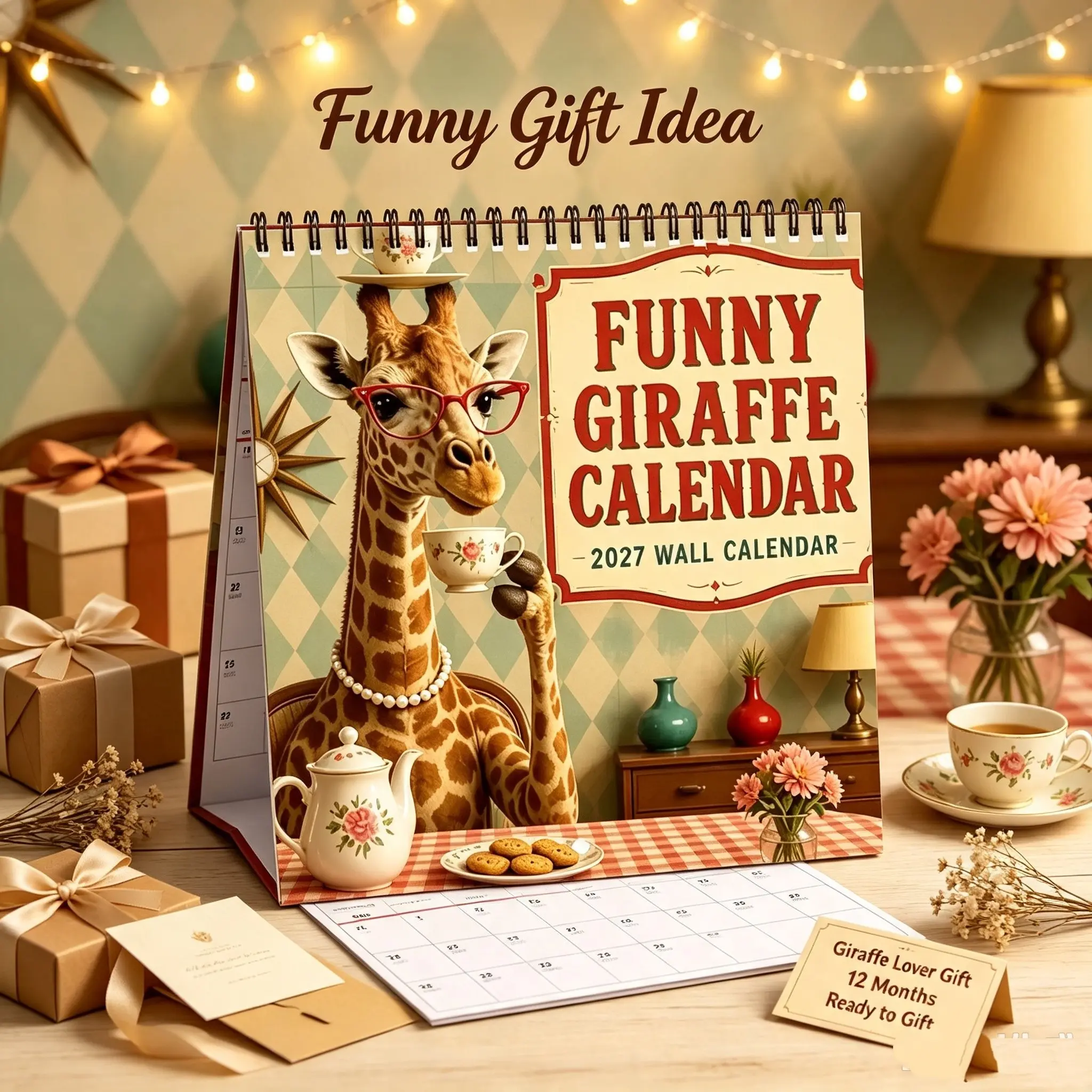 2027 Fun Giraffe Wall Calendar, 12-Month Spiral Hanging Monthly Planner, Cute Retro Giraffe Art Illustration, Home Room Wall Decor, Perfect Gift