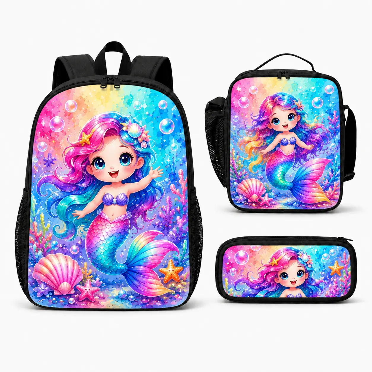 Deep-Sea Mermaid & Shell Kids' Backpack Set – Includes a large-capacity, dual-compartment school backpack, an insulated lunch bag (handheld or crossbody) with a matching pencil case; suitable for various occasions such as outings, picnics, and school.