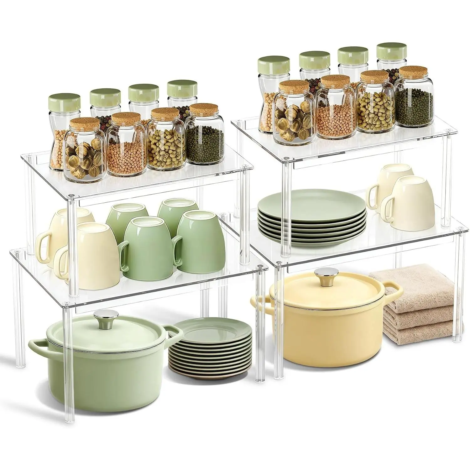Clear Kitchen Cabinet Organizer, Set of 4 Stackable Spice Rack, Acrylic Shelves for Pantry Organizers and Storage, Tiered Spice Organization for Cabinet, Shelf Organizer for Desk Countertop