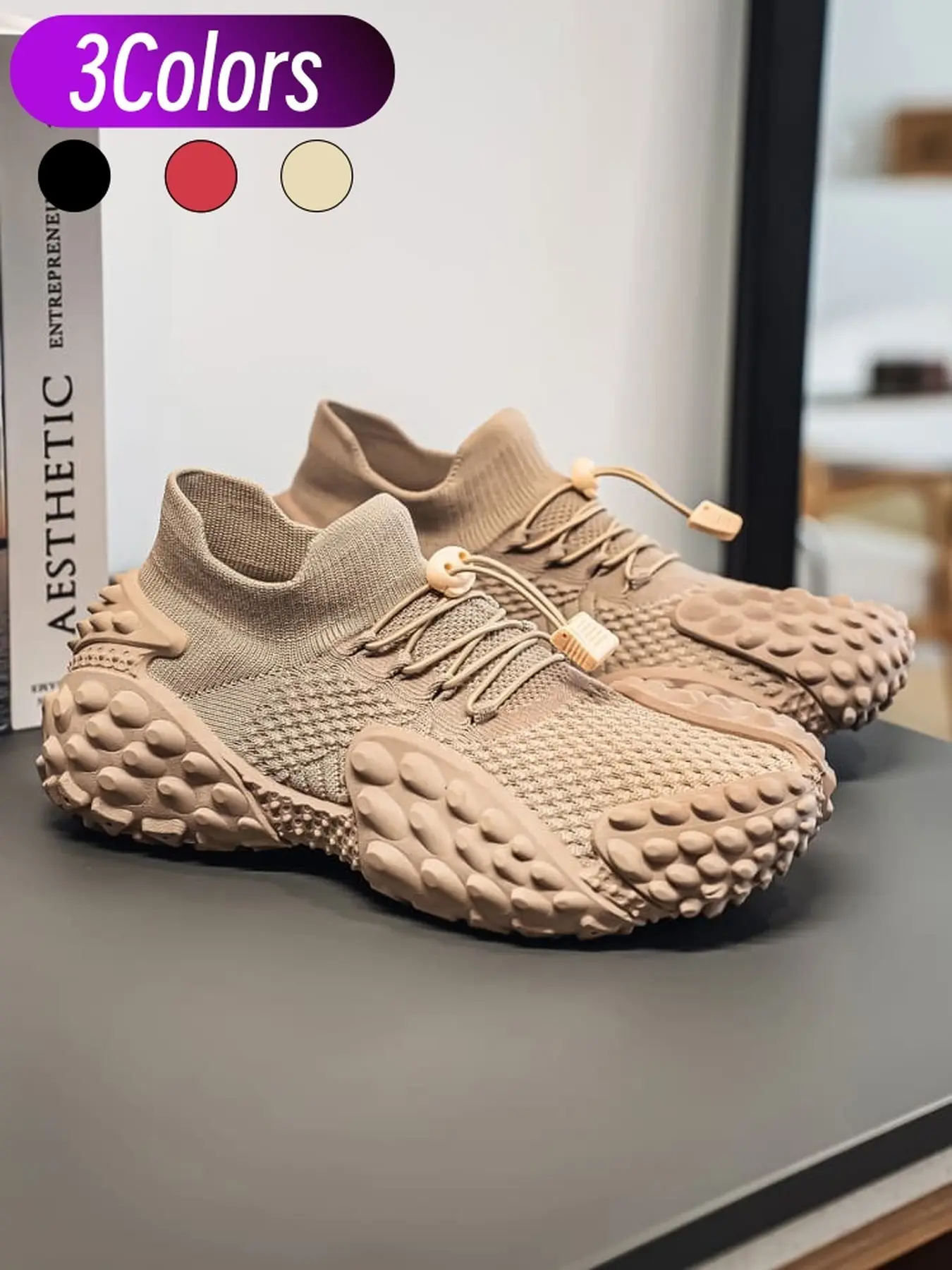Functional Mecha Men Knit Sneakers, athletic breathable shoes, breathable sock knit, easy drawstring, grain PVC sole, height boosting shoes for commute hiking daily wear