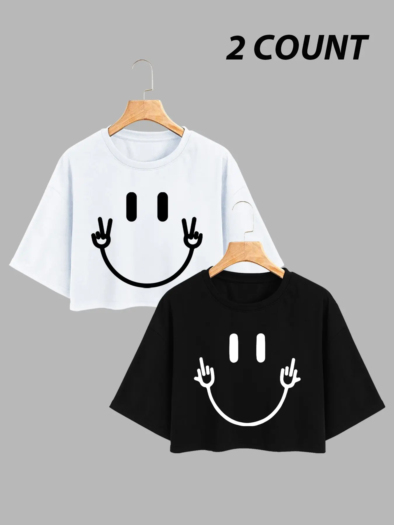Smiley Print 2 Pack Short T-Shirts Round Neck, Casual Sweet Cool Style, Spring Summer Campus Wear, Cartoon Smile Pattern, Loose Fit, Casual Graphic Top