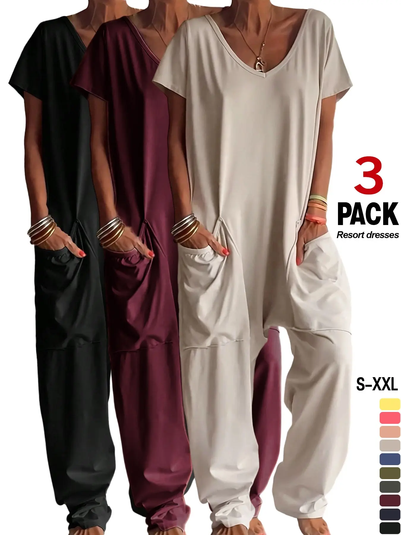 1/3 Counts Women's Solid Color V-Neck Oversized Pocket Low Waist Overall Jumpsuit, Basic, Casual Summer Jumpsuits HomeWear,Loose Fit Wide Leg, Perfect for All Seasons，Comfortable One-Piece Pants, Perfect for Daily Use