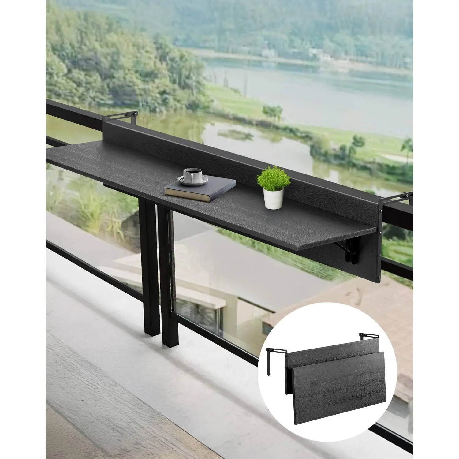 VEVOR Balcony Hanging Table, 12x 32 in Folding Balcony Railing Table, Outdoor Balcony Bar Tables for Railings, 50 lbs Loading, Fit Railing from 1" to 4.3", Serving Tables for Patio Deck