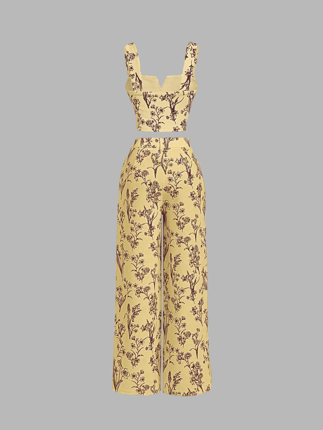 Women's Plants Print Tank Top & Wide Leg Pants Two-piece Set, Casual Sleeveless Top & Pants for Daily Wear, Ladies Summer Clothes