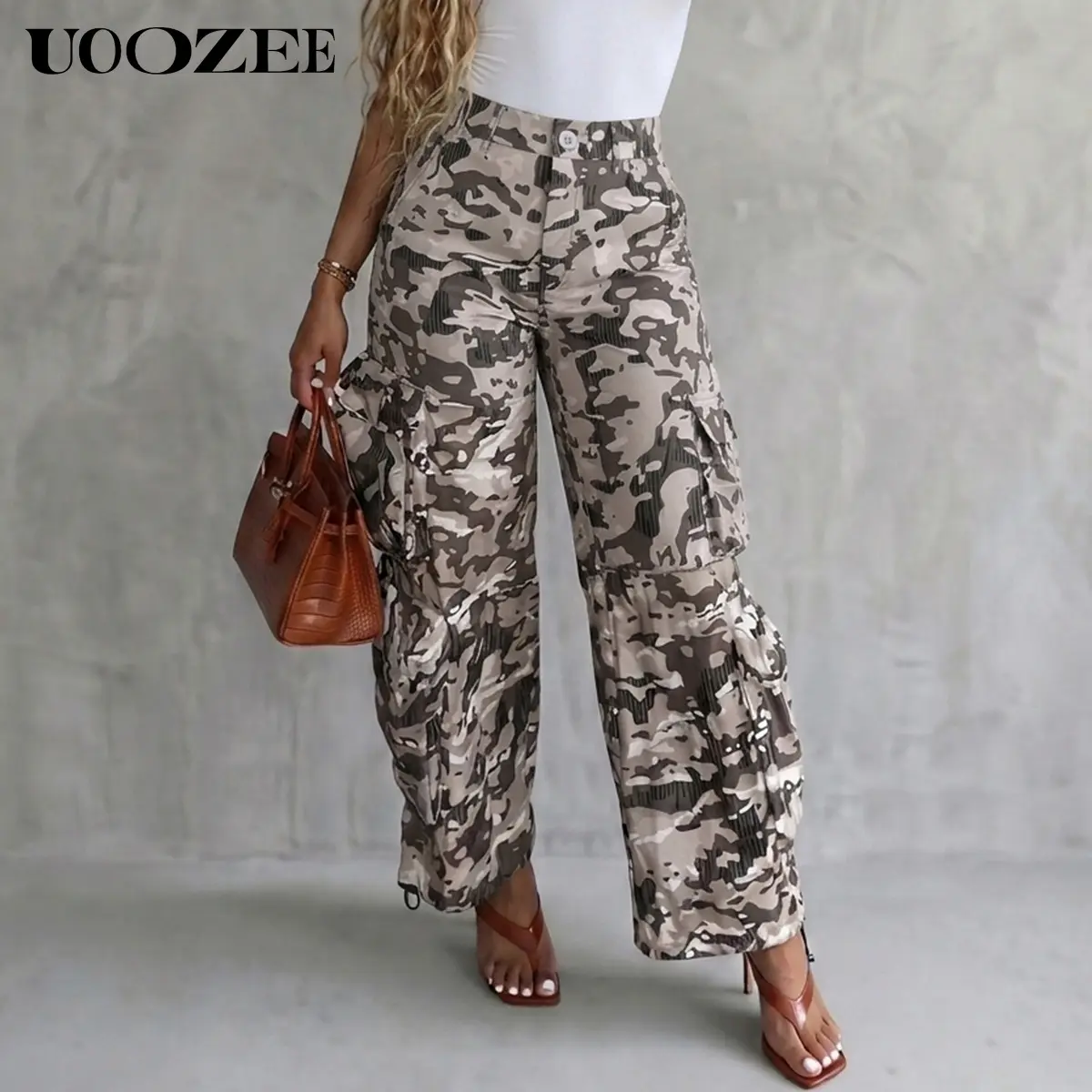 UOOZEE Women's Wide Leg Cargo Pants in Camouflage Print, High Waist Baggy Polyester Streetwear with Elastic Waist and Pockets for Outdoor Use, Bag, Baseball, Chic, Accessories, Festival, Smooth, Sporty, Oversized, Adjustable, Bottom