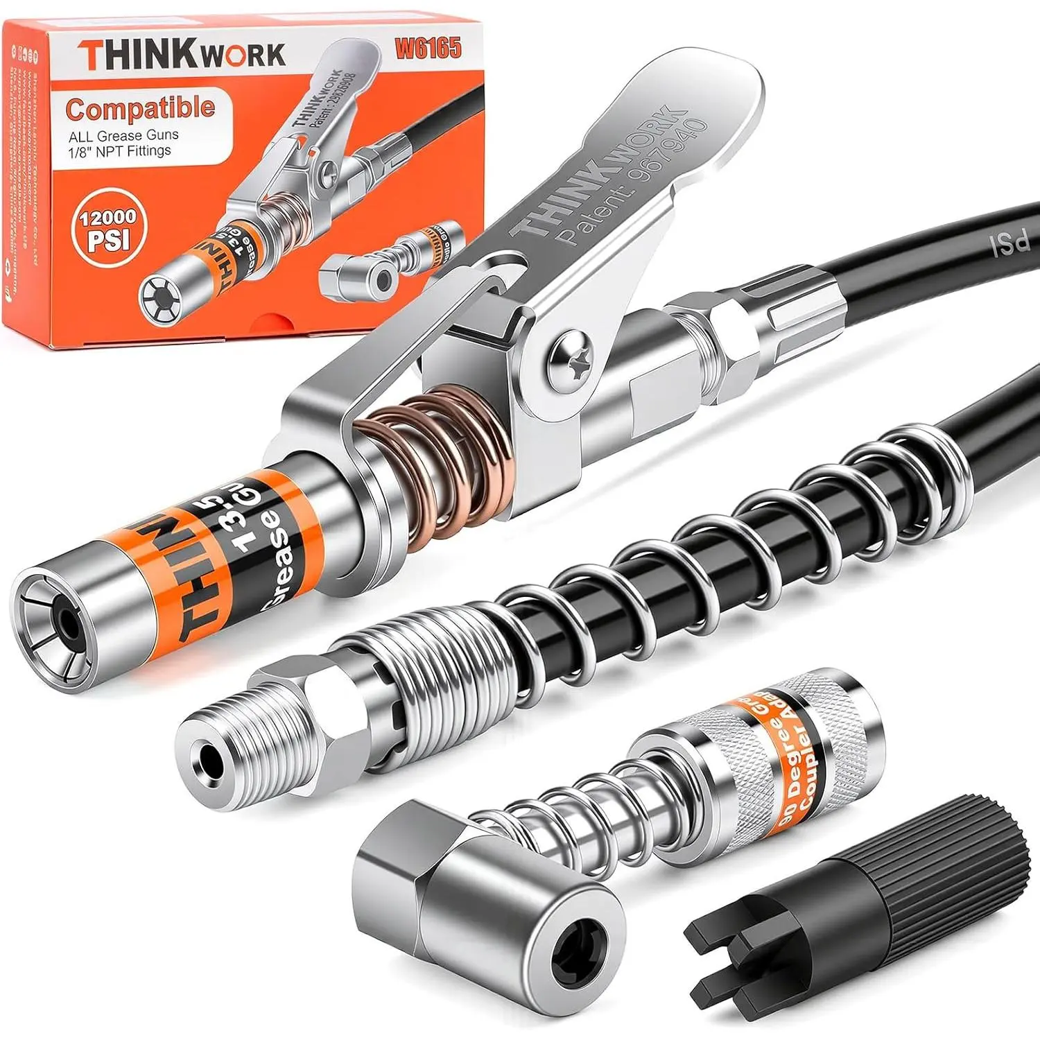 Gun Coupler Set, Lock on Greases Gun Couplers with 90° Coupler,12000 PSI Quick Release Coupler Compatible with All Guns 1/8" NPT Gun Fitting