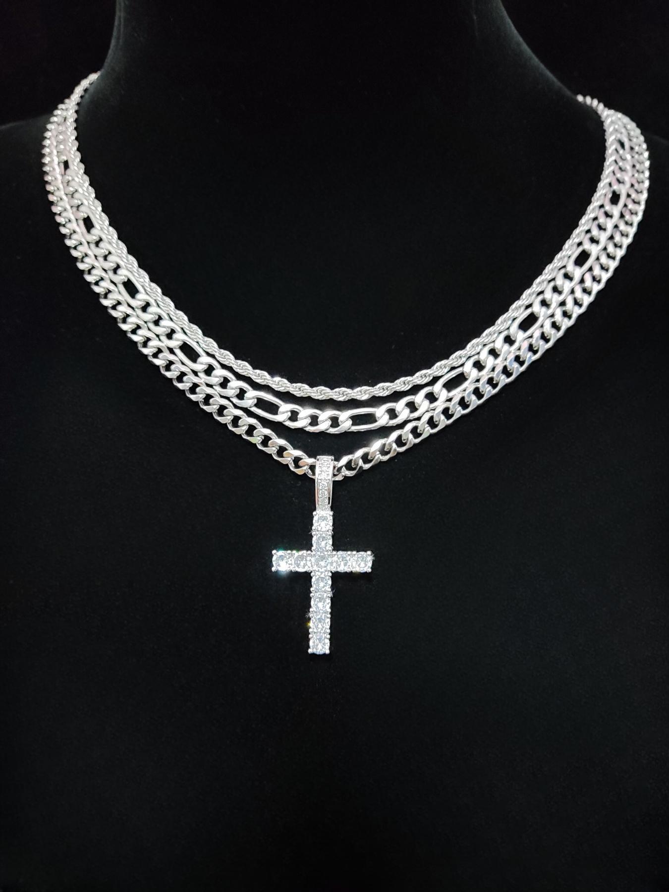 Street Style Rhinestone Decor Necklace Set, Including Cross Necklace & Cuban Link Chain Necklaces, Fashion Jewelry for Party, Daily Decor, Exquisite Jewelry for Gift