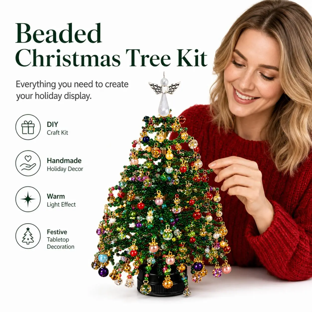 Beaded Christmas Tree Kit, Hand‑Made Mini Crystal Bead Xmas Tree Craft Set, Complete Christmas Decoration Making Supplies with Beads, Angel Tree Topper, Base & Accessories, Tabletop Holiday Ornament, Fun DIY Project, Ideal Christmas Gift for Kids & Fa