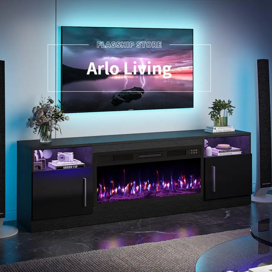 High Gloss Wood Modern Fireplace TV Stand | 36" Electric Fireplace + Storage Cabinet, TV Console Accommodates Up To 80 Inch TVs for Living Room
