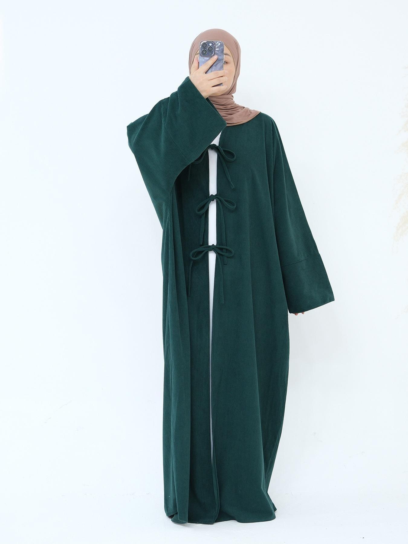 Women's Solid Color Tie Front Batwing Sleeve Abaya, Casual Long Sleeve Thickened Outerwear for Fall & Winter, Women's Islamic Clothing for Daily Wear