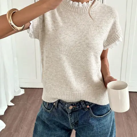 Apricot Round-Neck Lace-Trimmed Knit Vest for Work, Everyday Casual Wear for Spring and Summer