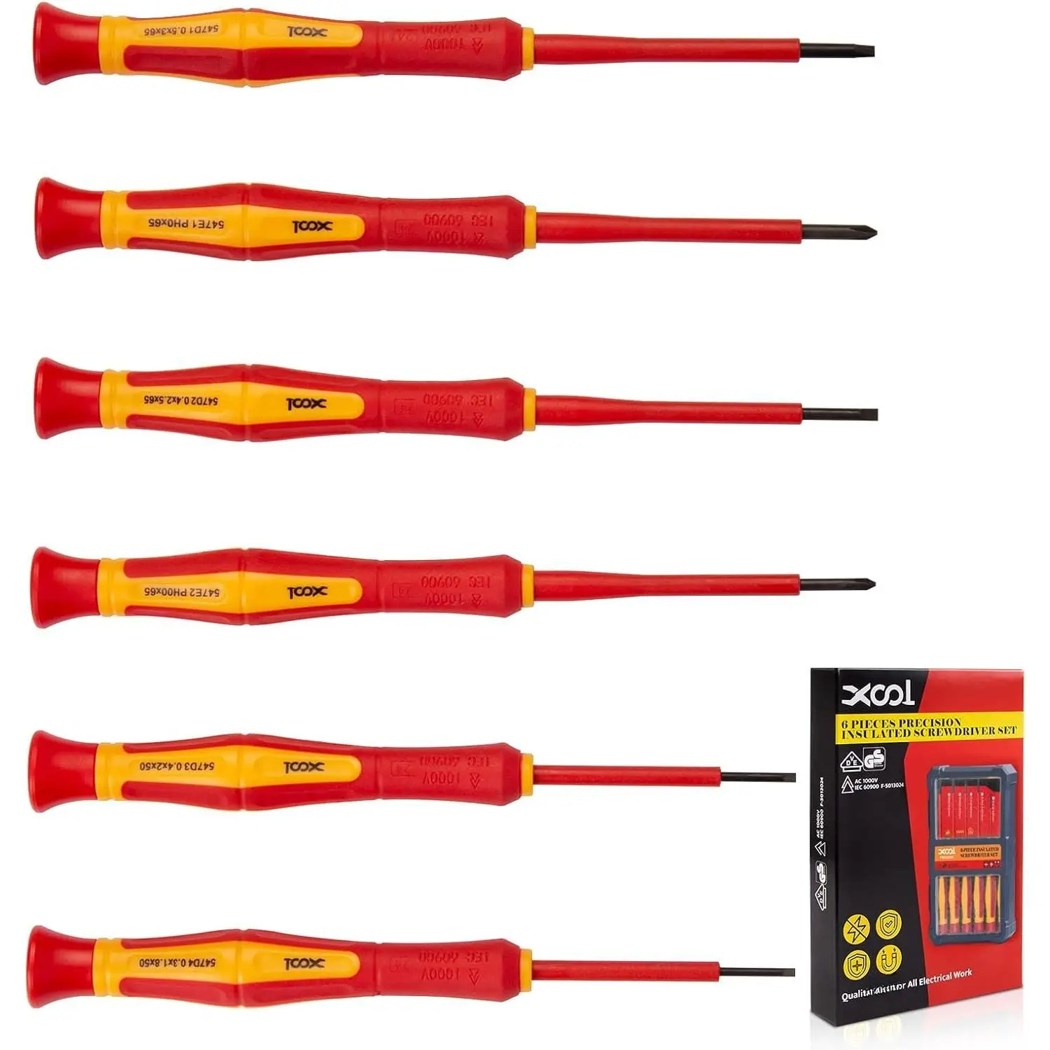 6 count 1000V Insulated Precision Electrician Screwdrivers Set, Slotted and Phillips  Tip, Chrome Vanadium Steel, VDE & GS Certified for Safe Electrician Repair