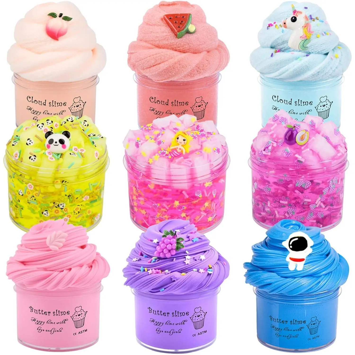 9 Pack Cloud Slime Kit, with 3 Jelly Cube Crunchy Slime 3 Cloud Slime 3 Butter Slime, Soft Non-Sticky, with Panda, Peach Charms, Stress Relief Toy for Girls Boys, Birthday Gift, Kids Party Toys