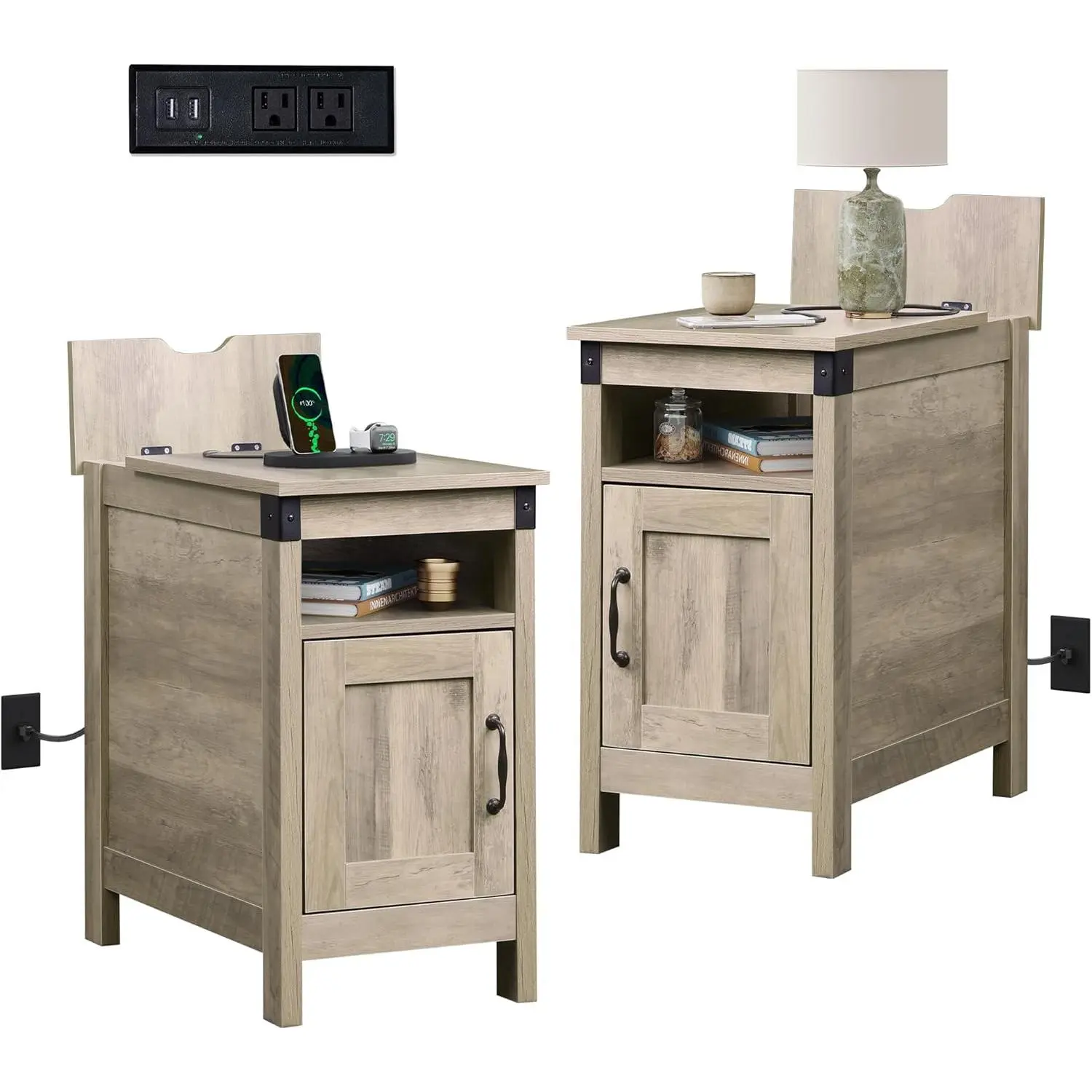 WLIVE 2-Piece Espresso Wood Farmhouse End Tables Set - Space Saving Side Tables with Charging Station, USB Ports, Outlets, Storage Interior, Versatile Nightstand for Living Room, Bedroom