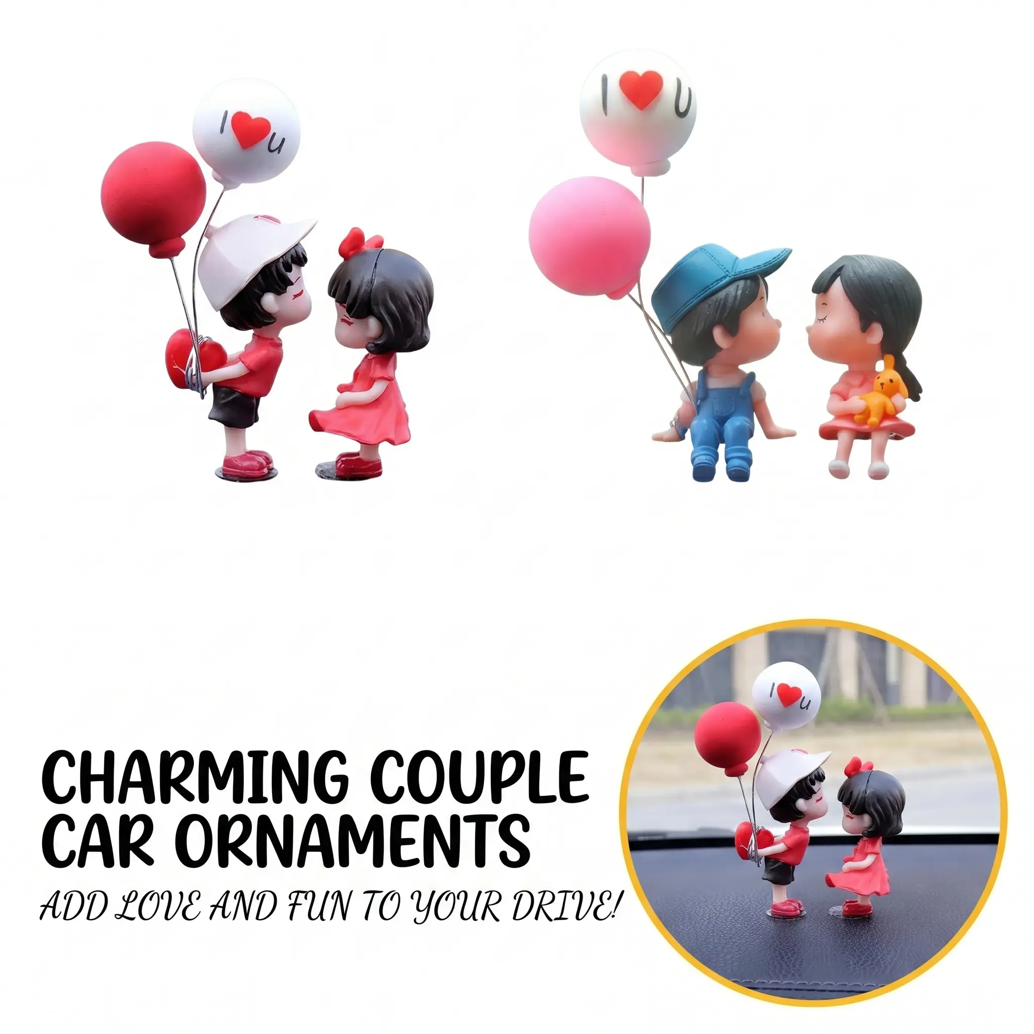 Cute Couple Car Dashboard Decorations, Lovely Couple Kiss Cartoon Figurines Car Ornament, Resin Material Boy Girl Car Interior Decoration with Balloon for Car Dashboard Gifts,Summervibes Father's Day Gift summerwins-YY0
