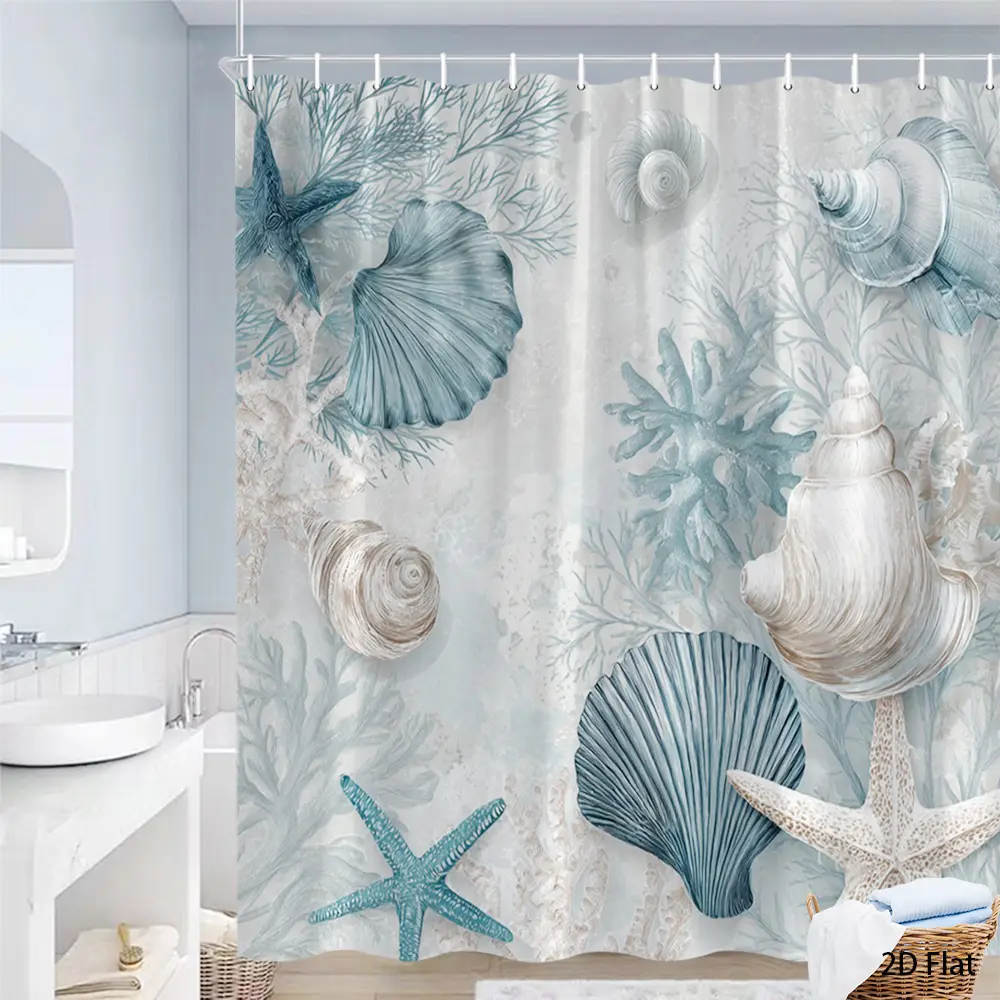 1 piece two-dimensional flat nautical shell decorative shower curtain, coastal design marine theme bathroom curtain, bathroom decoration, coral, starfish, shells and marine life elements