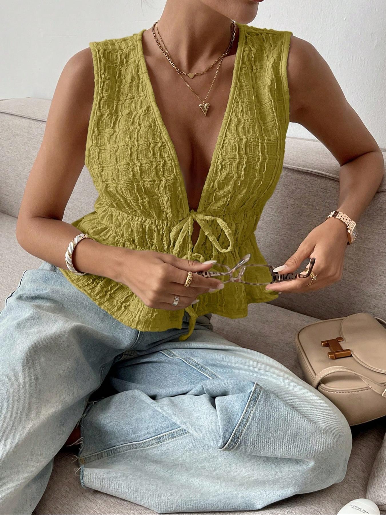 Women's Plain Tie Front Fitted Tank Top, Casual Deep V Neck Sleeveless Top for Summer, Women's Clothing for Daily Wear