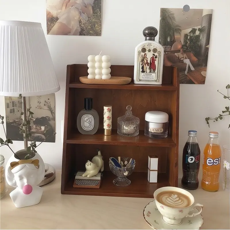 Multi-Layer Desktop Organizer Rack, Wooden Cosmetic Coffee Perfume Holder, Cup Storage Box, Tabletop Sorting Shelf, Aesthetic, Elegant, Paulownia Wood, China Harvested