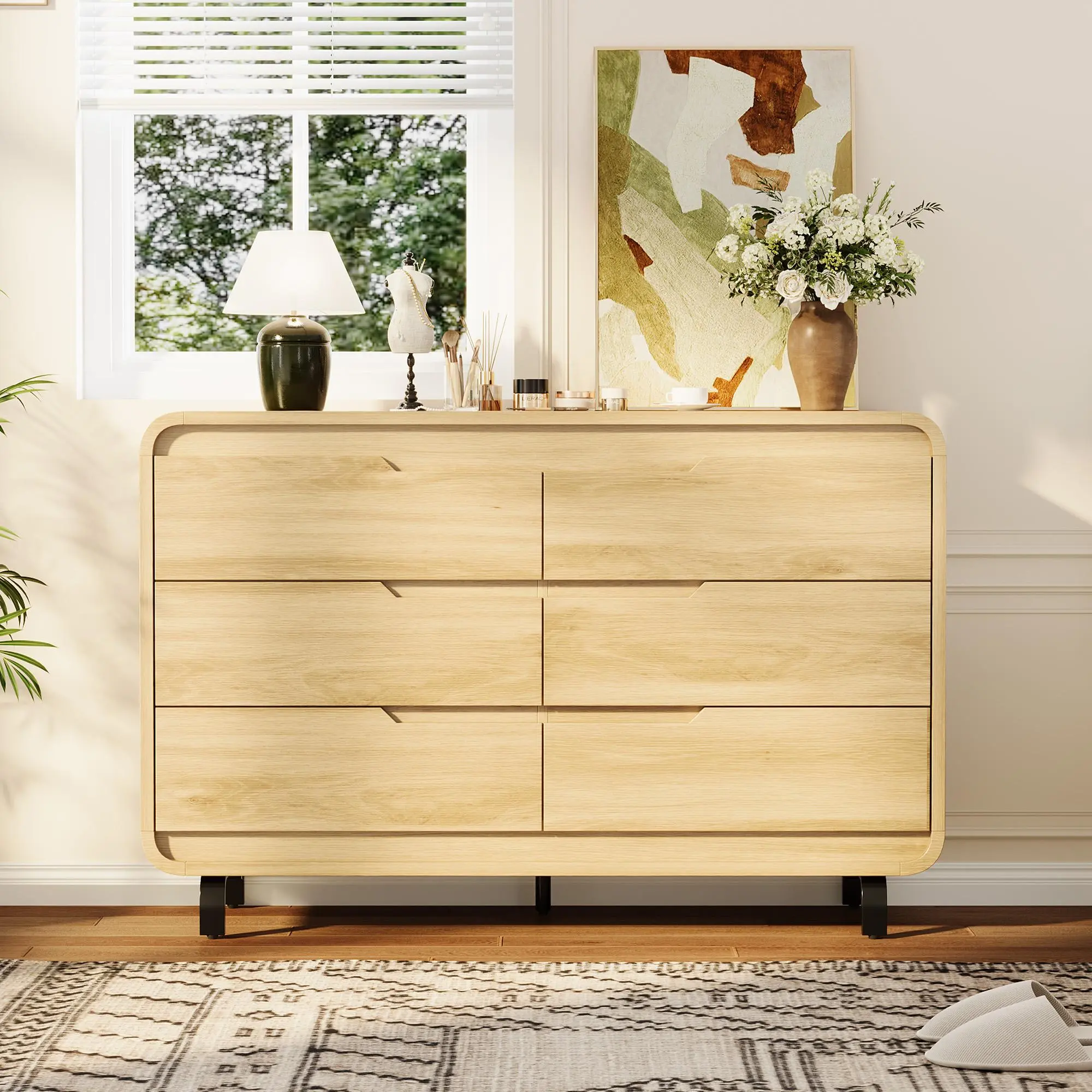 GAOMON 47" Wide Solid Wood Dresser - 6-Drawer Single Unit, Hidden Handles, Anti-Tip Safety, Rounded Corners, Nursery Bedroom Storage Cabinet, Natural/Brown