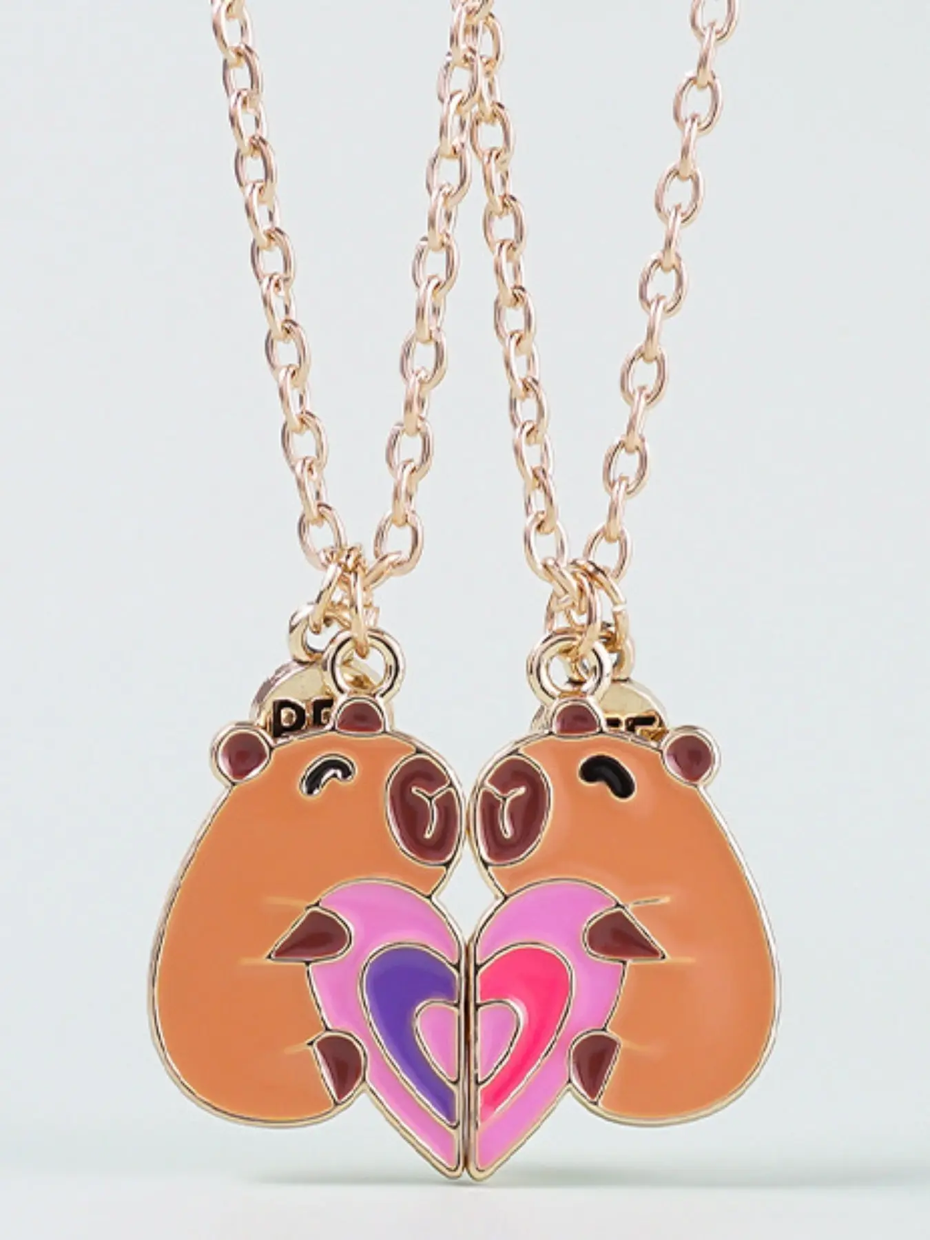 2pcs Capybara Bff Matching Necklace Set, Cute Split Heart Pendant, Adjustable Alloy Chain, Friendship Jewelry for Best Friends, Necklace Gift
