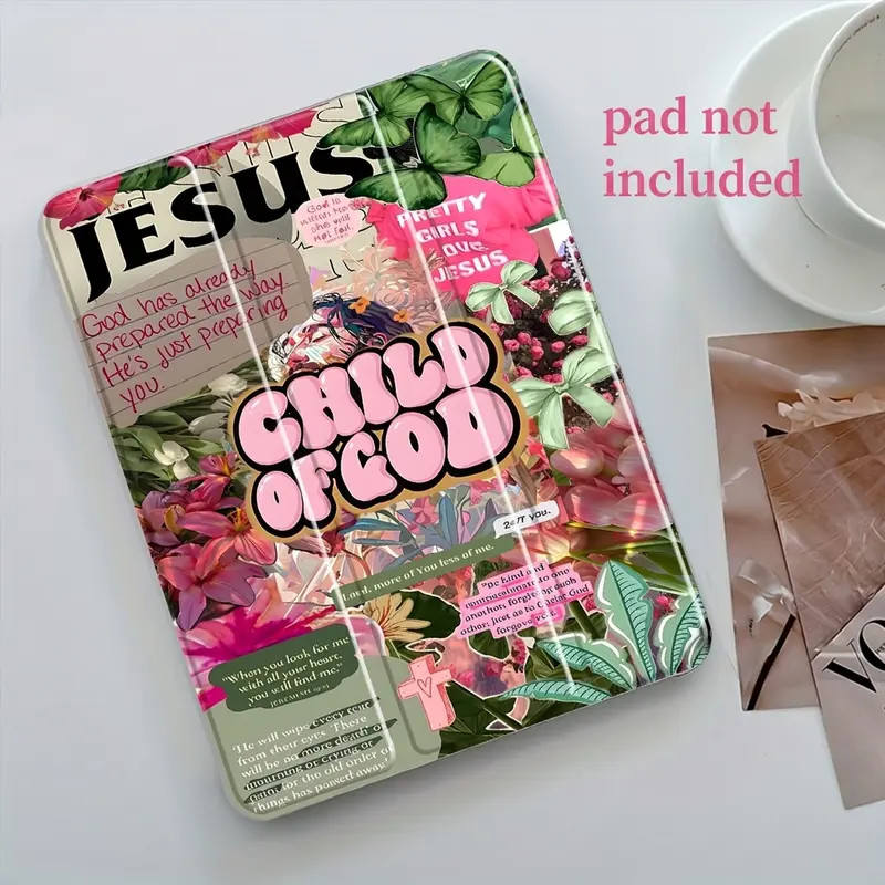 "Child of God" Cute Floral Collage Design iPad Case, Transparent Acrylic Stand Cover, Pencil Holder & Charger Slot, Fits iPad Pro/air/mini, Perfect Gift Shock-resistant Full Cover Protective Case Suitable for Offices Schools and Homes (Case Only)