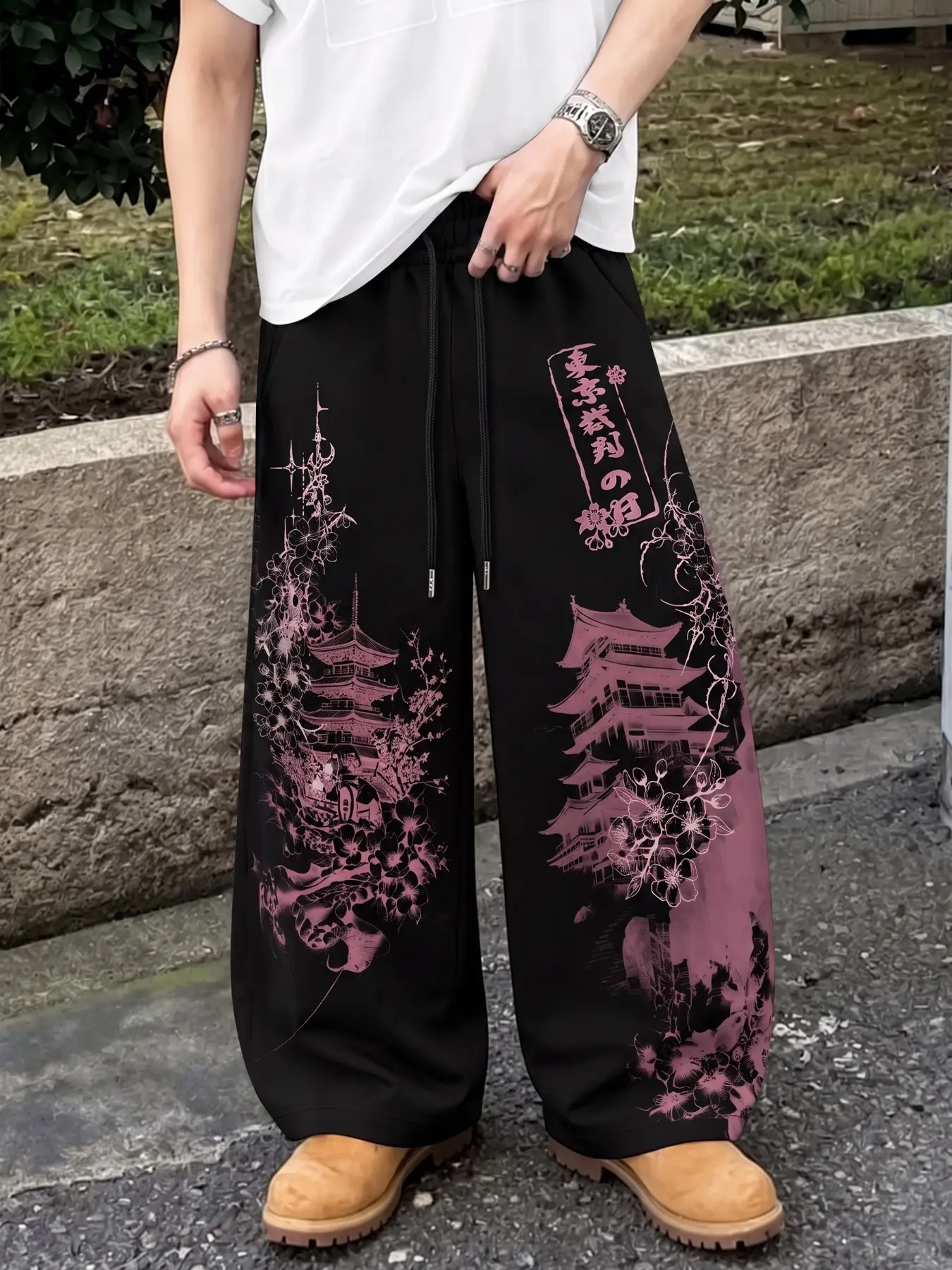 Men's Black Baggy Graphic Jogger Pants, Wide-Leg Drawstring Sweatpants with Pink Japanese Temple & Cherry Blossom Print, Retro Y2K Streetwear Bottoms for All Seasons, Campus Looks, Skate Outfits, Travel, Casual Hangouts, Weekend Wear, and Relaxed Harajuku