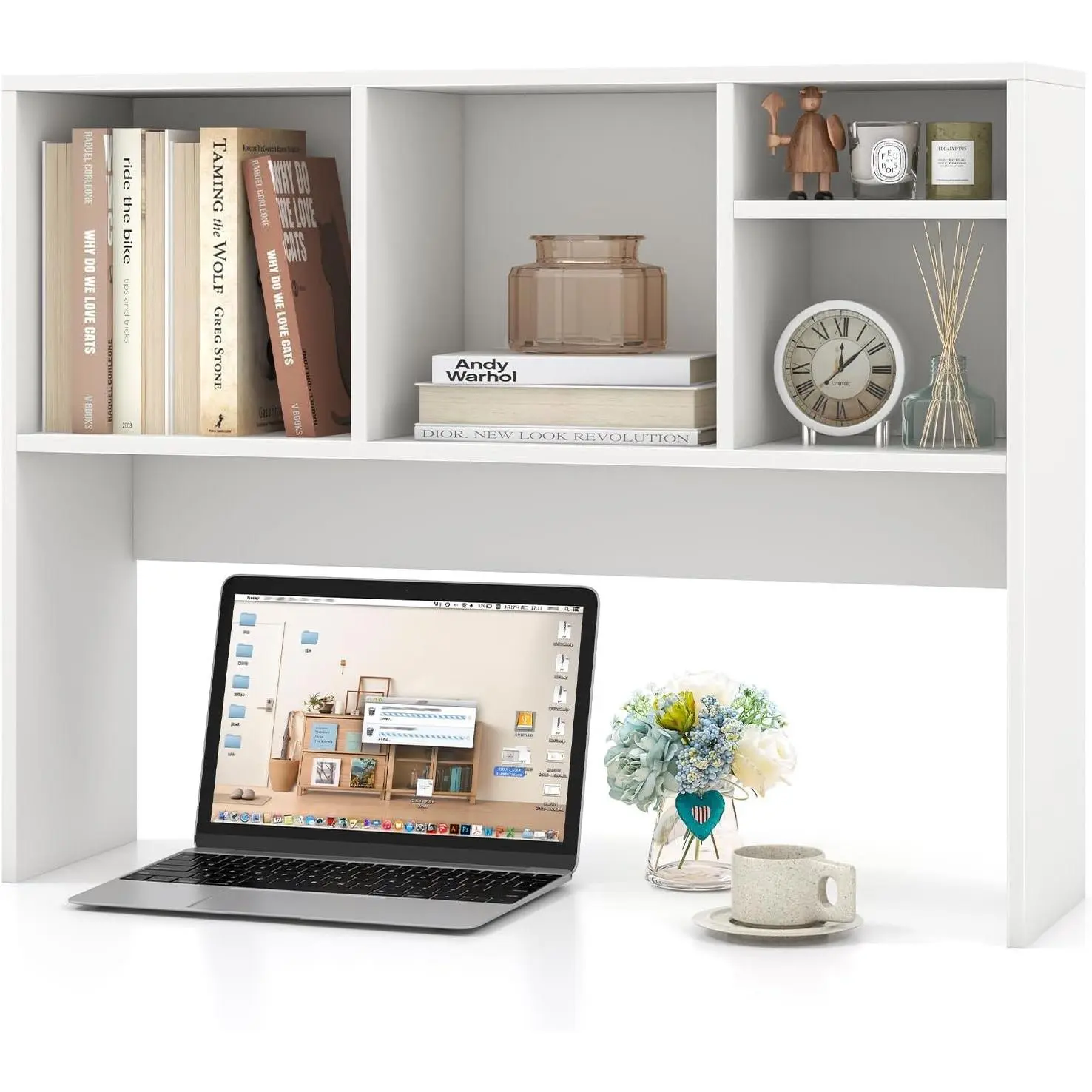 Desktop Bookshelf, 2-Tier Office Desk Shelf Organizer with 4 Shelves, 37''L Wood Storage Rack Display Shelf for Office, College Dorm, Bedroom (White)